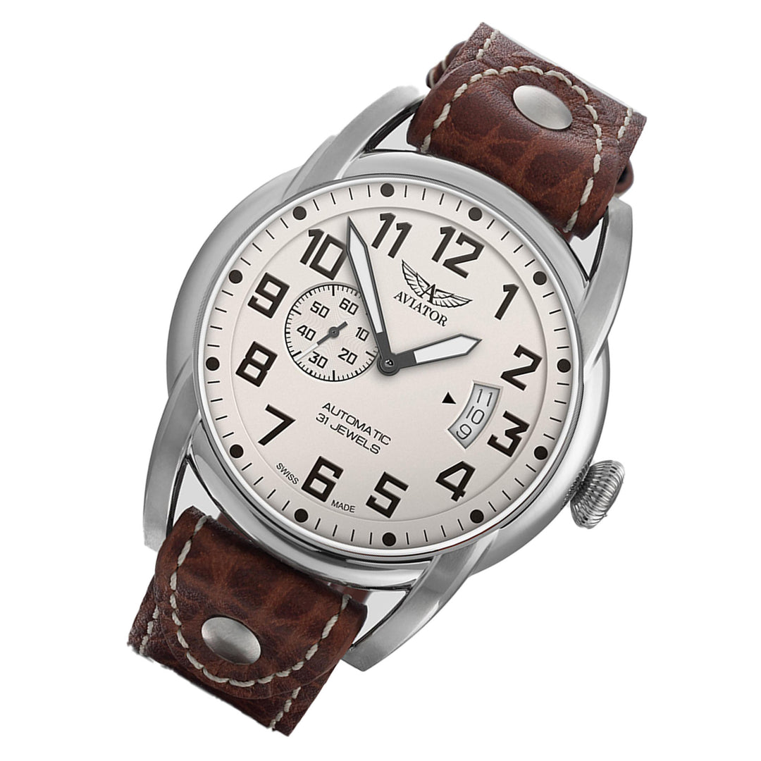 Aviator Brown Leather Ivory Dial Swiss Made Men's Automatic Watch - V31801614
