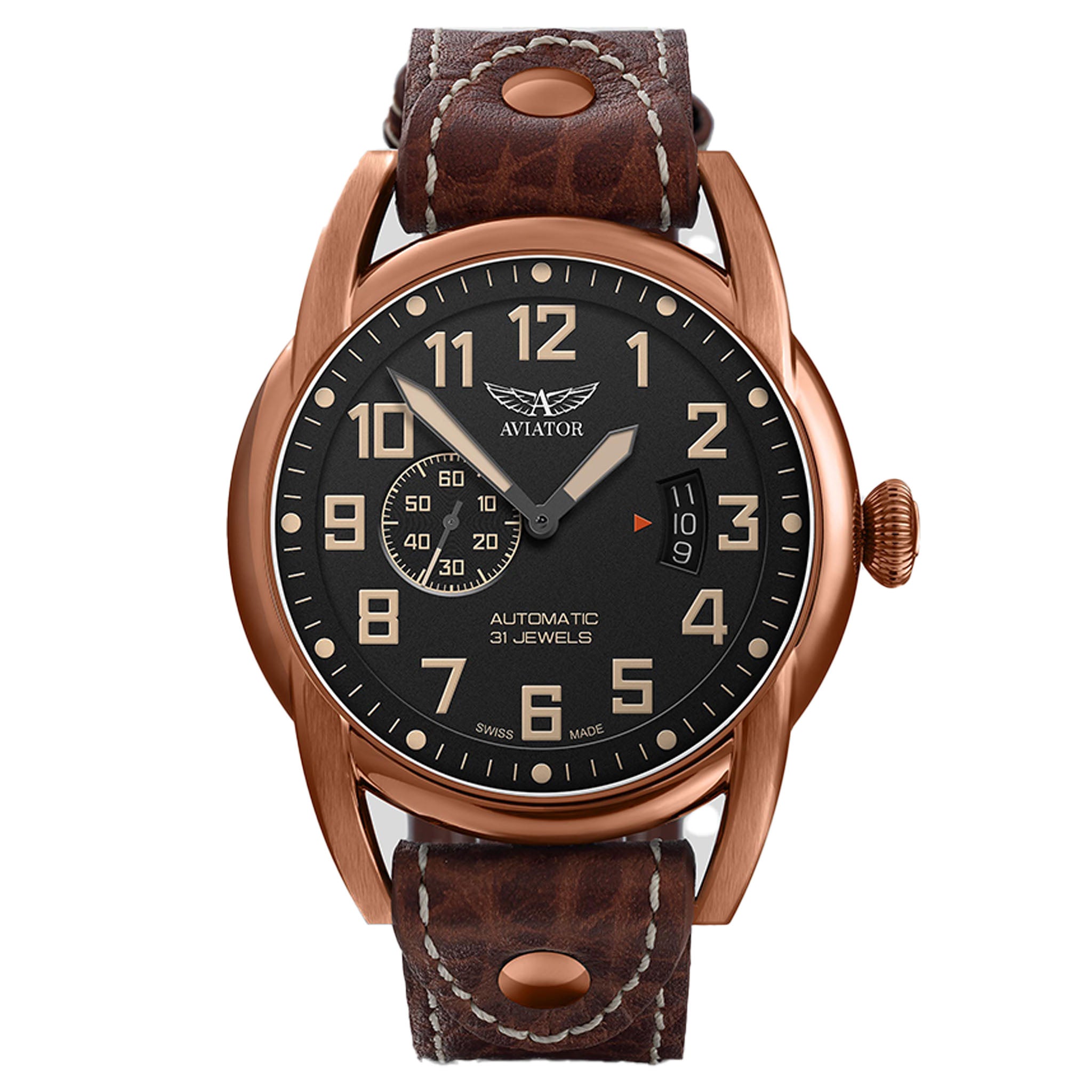 Aviator Brown Leather Black Dial Swiss Made Men s Automatic Watch