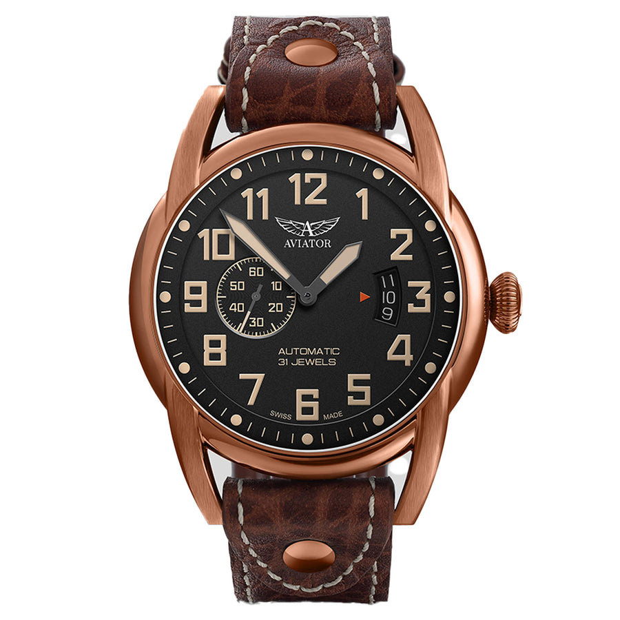 Aviator Brown Leather Black Dial Swiss Made Men's Automatic Watch - V31881624