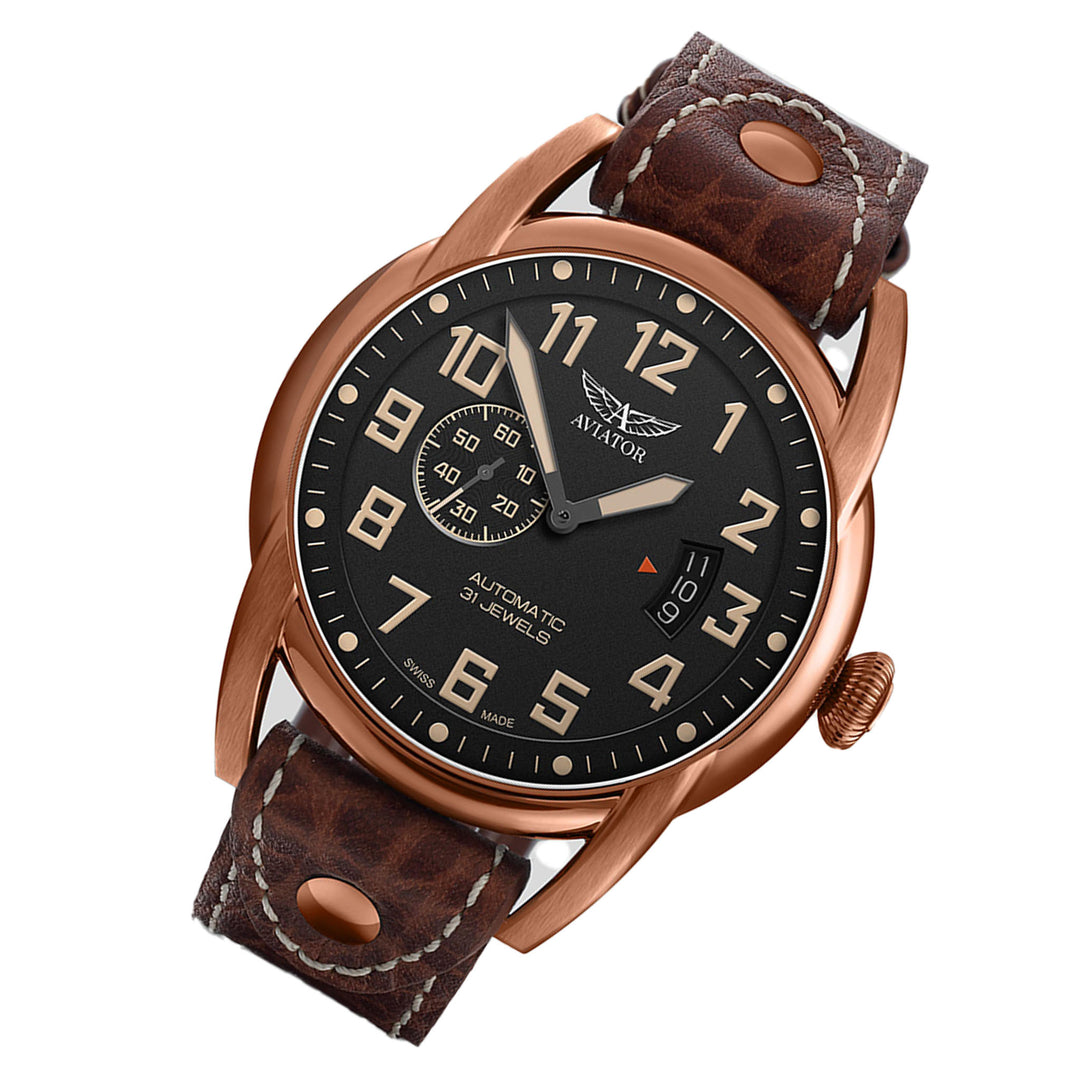 Aviator Brown Leather Black Dial Swiss Made Men's Automatic Watch - V31881624