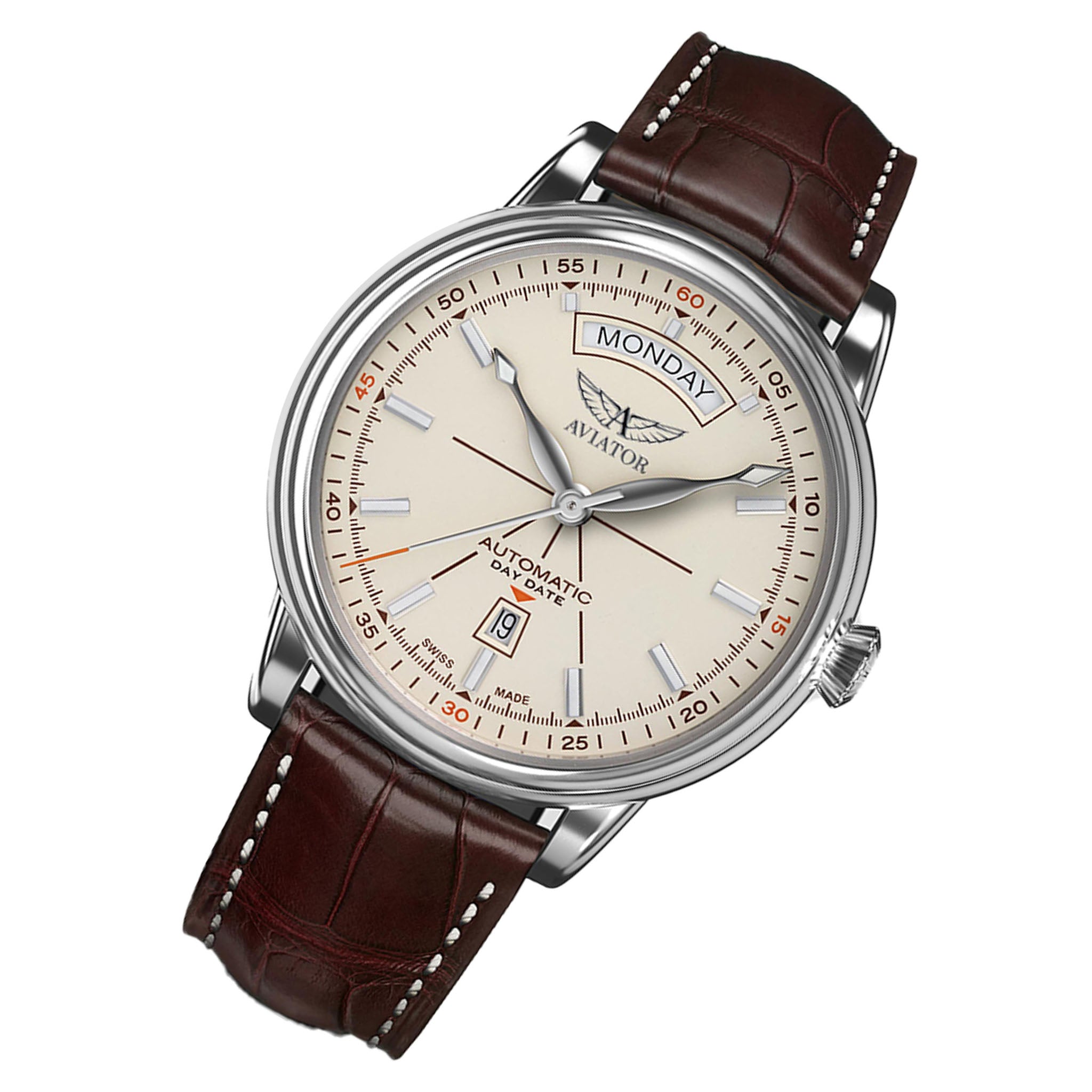 Aviator Brown Leather Ivory Dial Swiss Made Men's Automatic Watch - V32001414