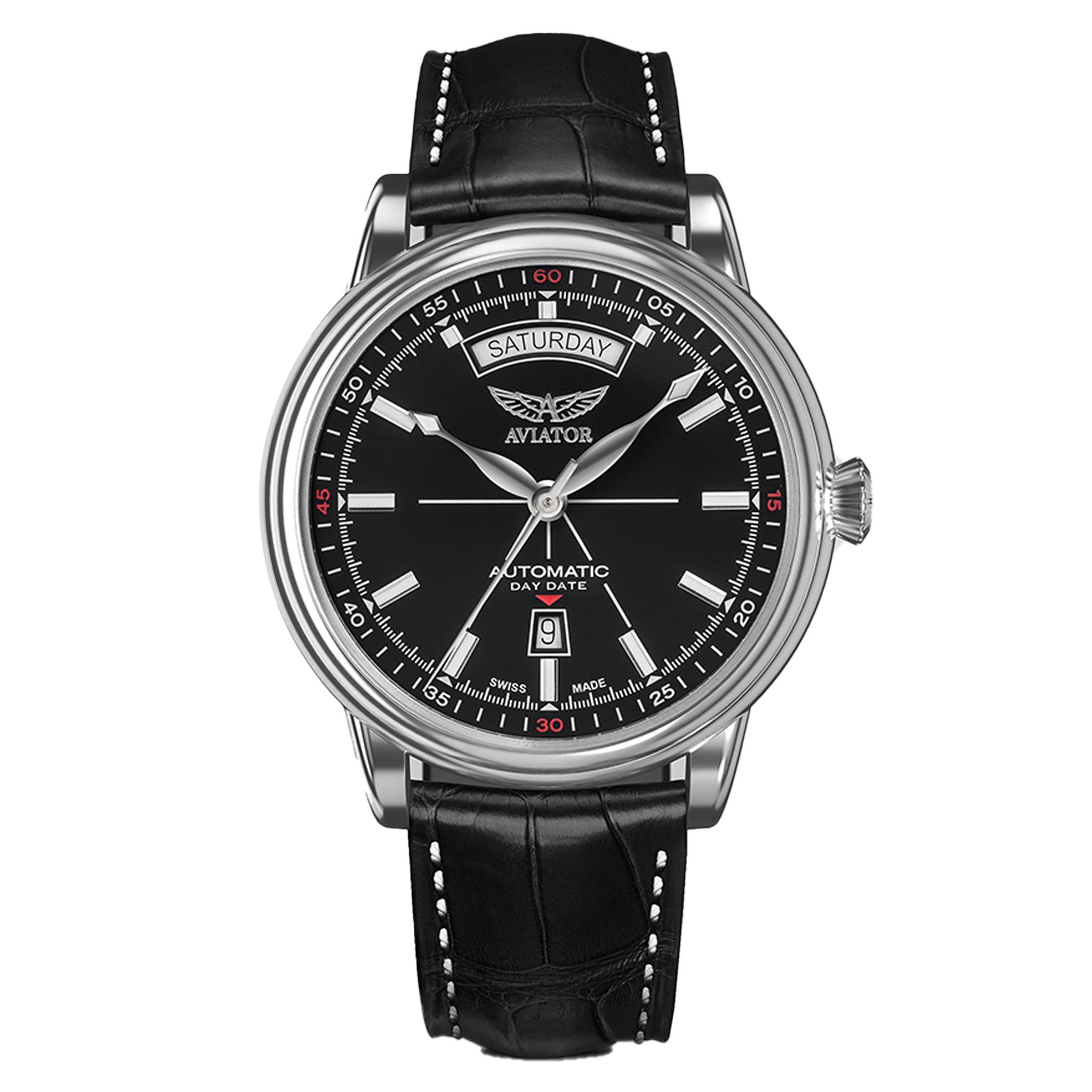 Aviator Black Leather Swiss Made Men's Automatic Watch - V32001424