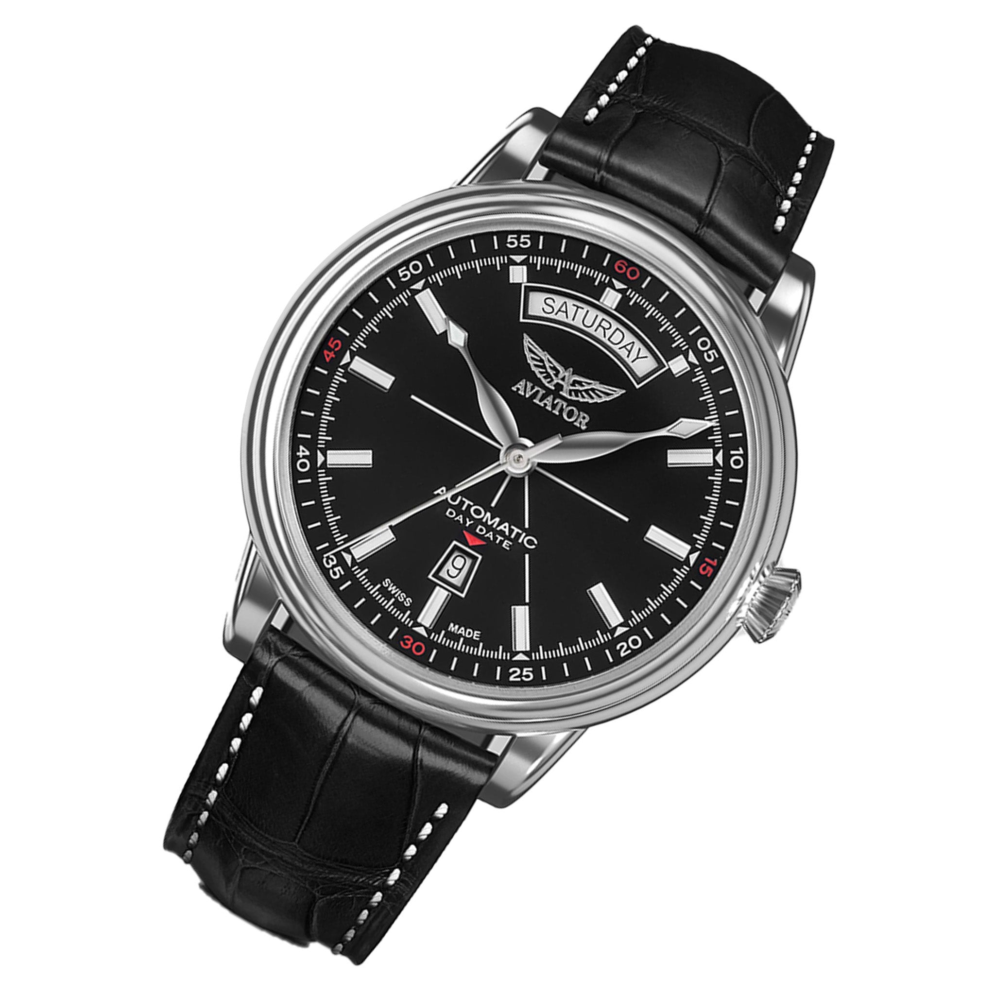 Aviator Black Leather Swiss Made Men's Automatic Watch - V32001424