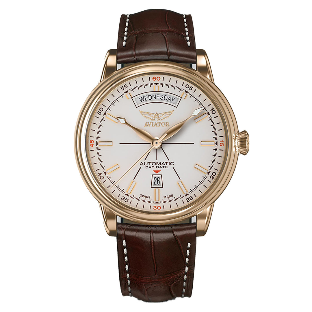 Aviator Brown Leather Ivory Dial Swiss Made Men's Automatic Watch - V32011474