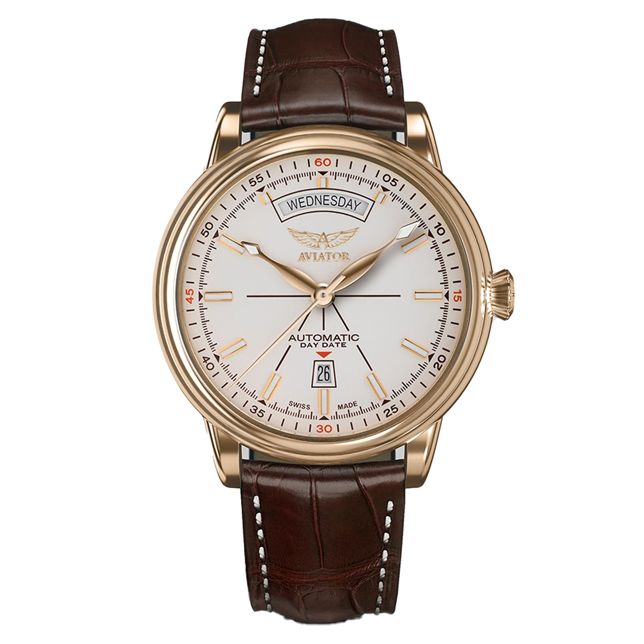 Aviator Brown Leather Ivory Dial Swiss Made Men's Automatic Watch - V32011474
