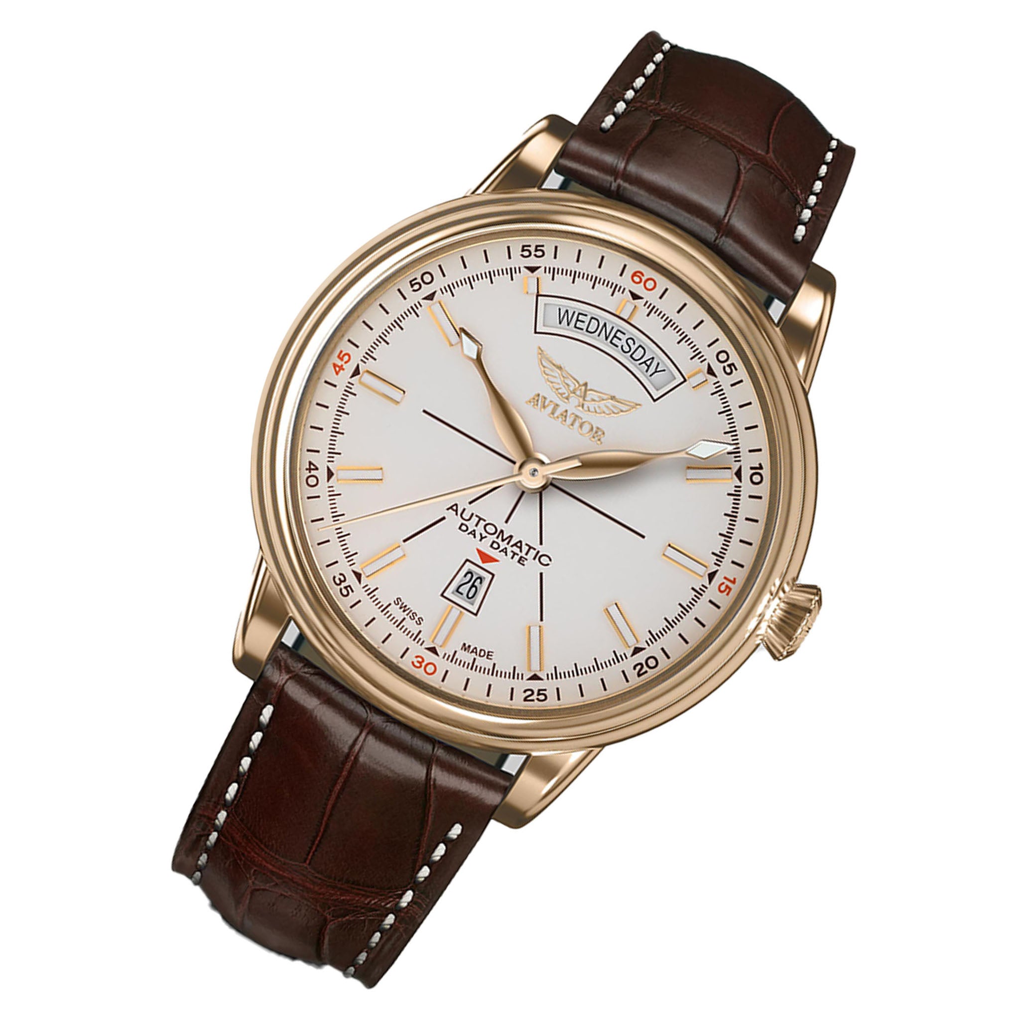 Aviator Brown Leather Ivory Dial Swiss Made Men's Automatic Watch - V32011474
