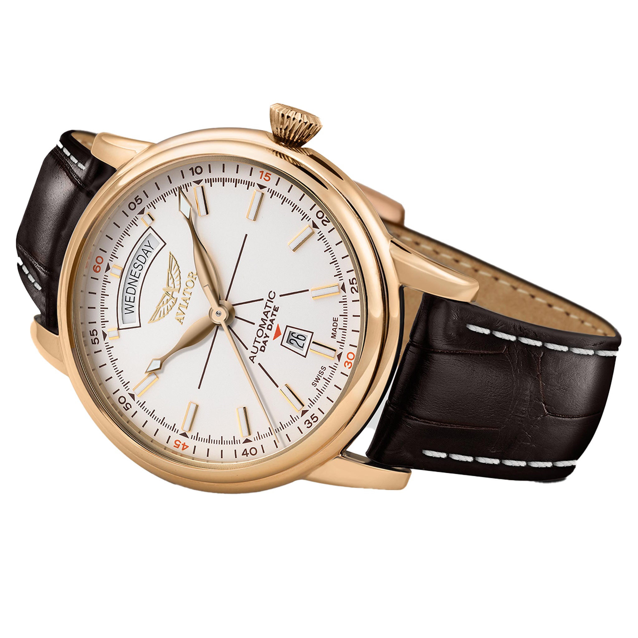 Aviator Brown Leather Ivory Dial Swiss Made Men's Automatic Watch - V32011474