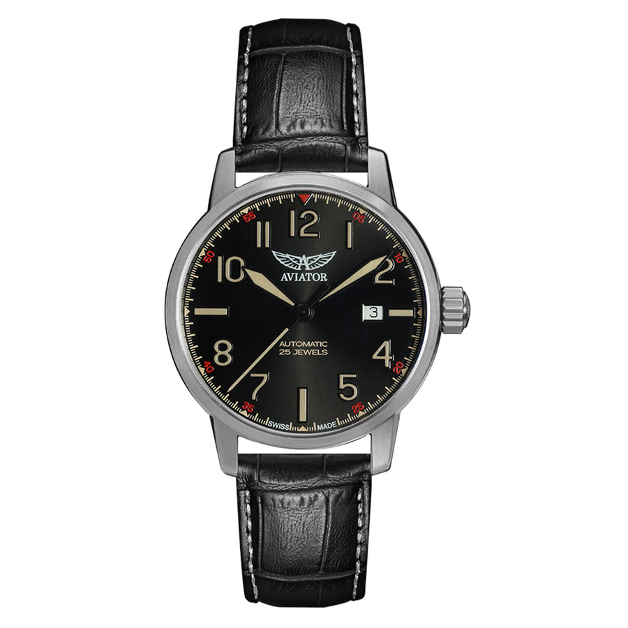 Aviator Black Leather Men's Automatic Swiss Made Watch - V32101394
