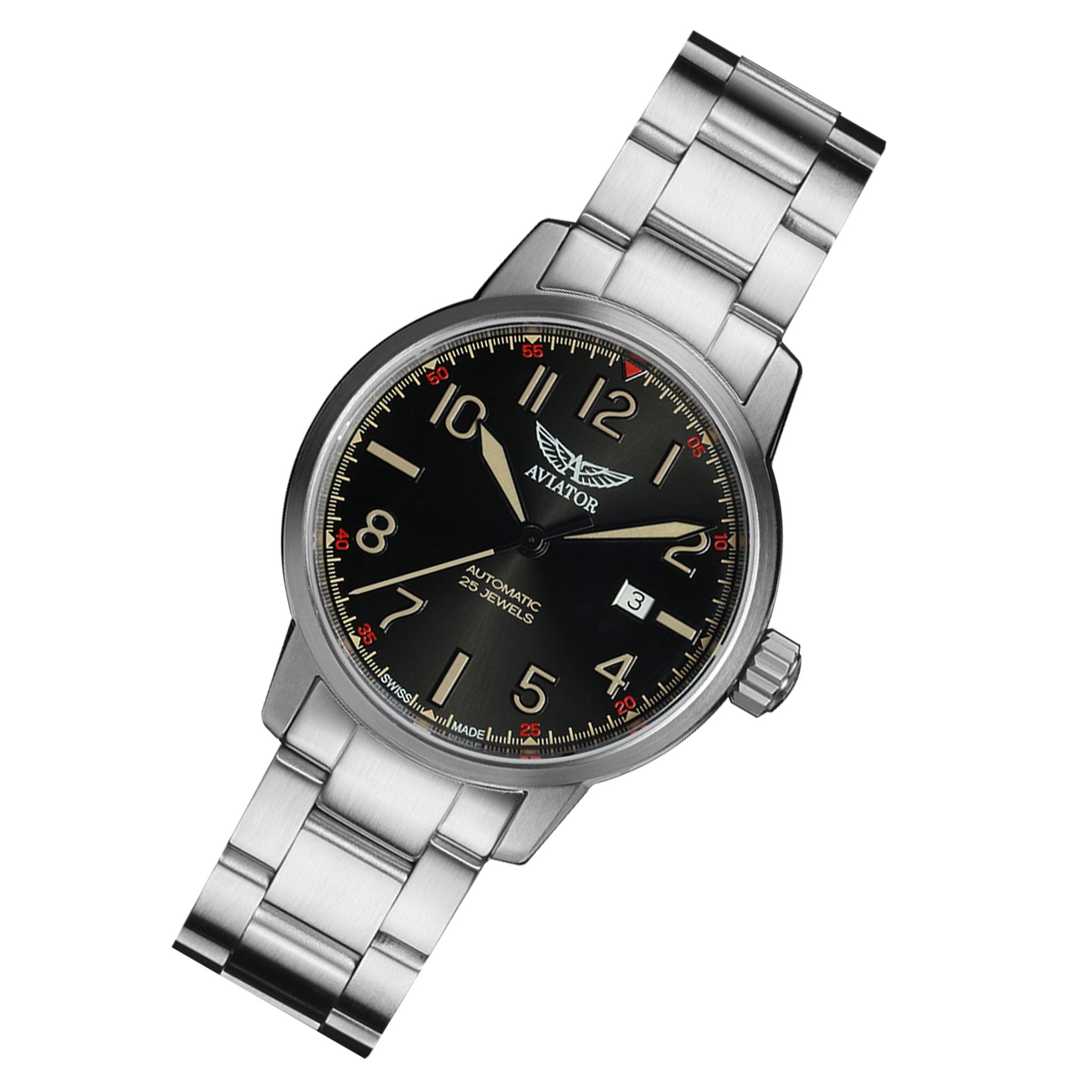 Aviator Silver Steel Black Dial Men's Automatic Swiss Made Watch - V32101395