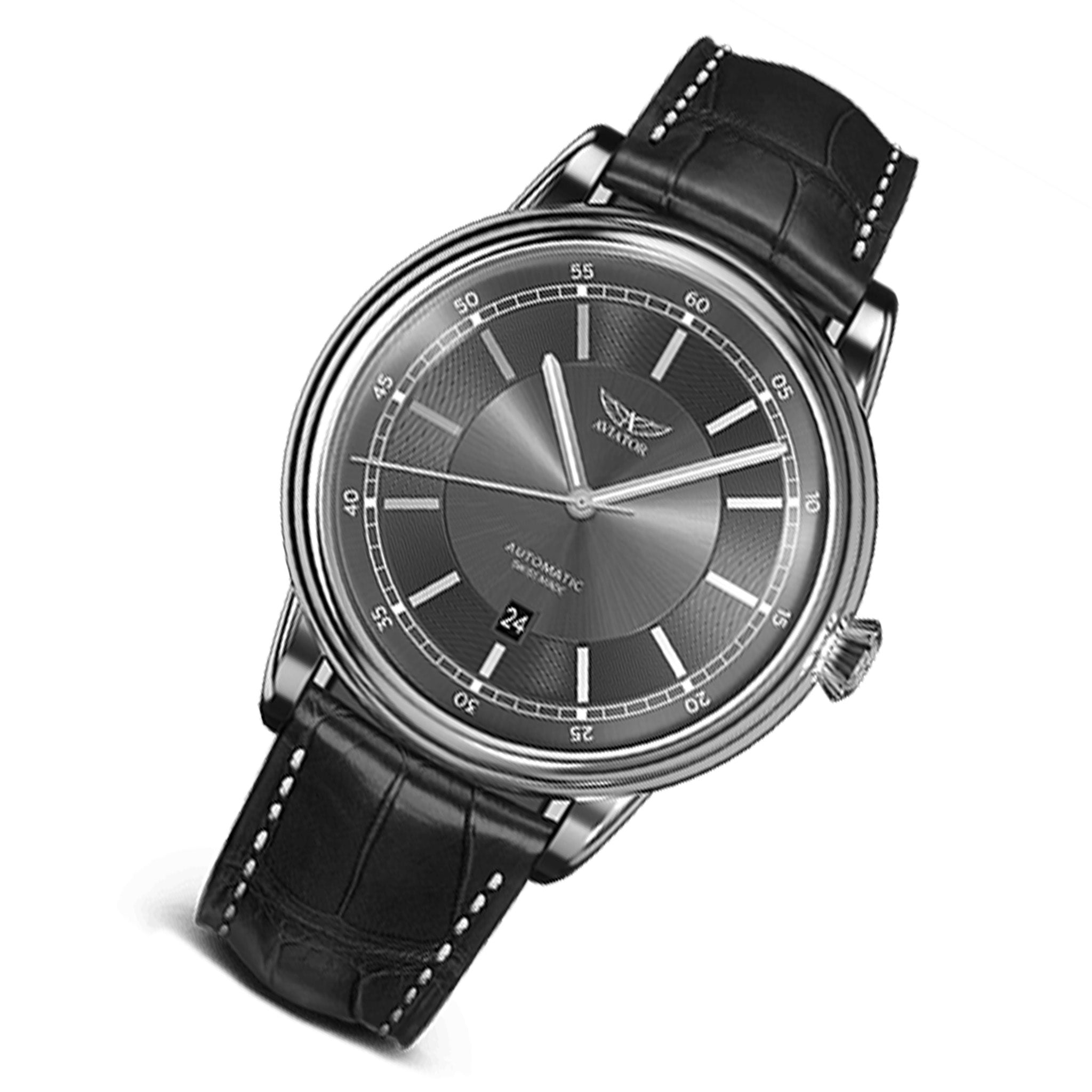 Grey dial black leather strap clearance watch