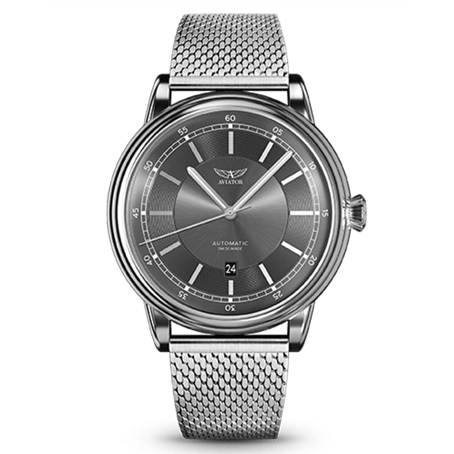 Aviator Silver Mesh Grey Dial Men's Automatic Swiss Made Watch - V33202405