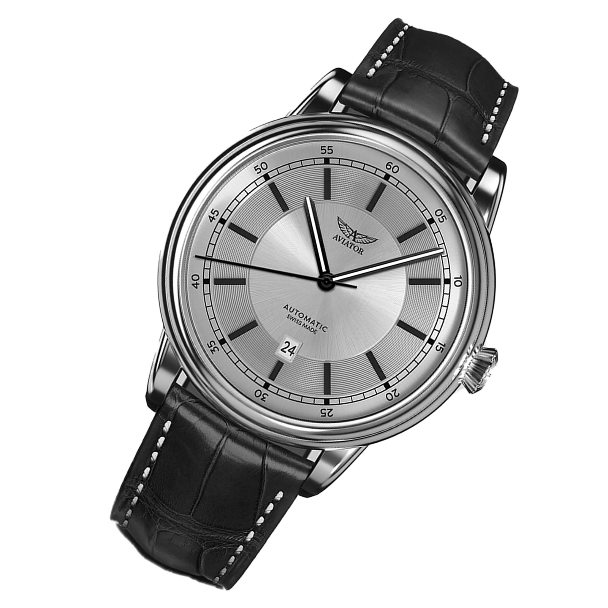 Aviator Black Leather Silver Dial Swiss Made Men's Automatic Watch - V33202414