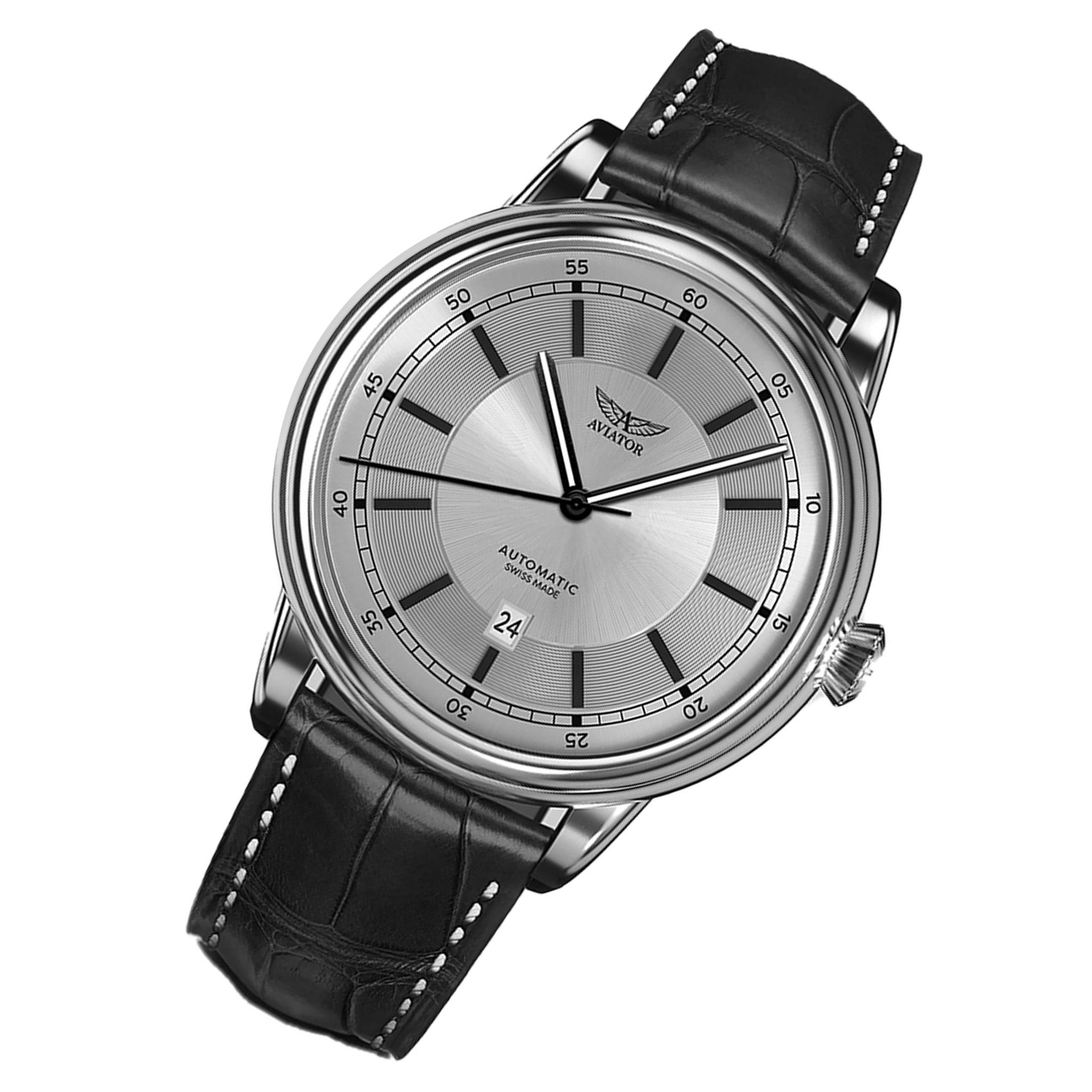 Aviator Black Leather Silver Dial Swiss Made Men's Automatic Watch - V33202414