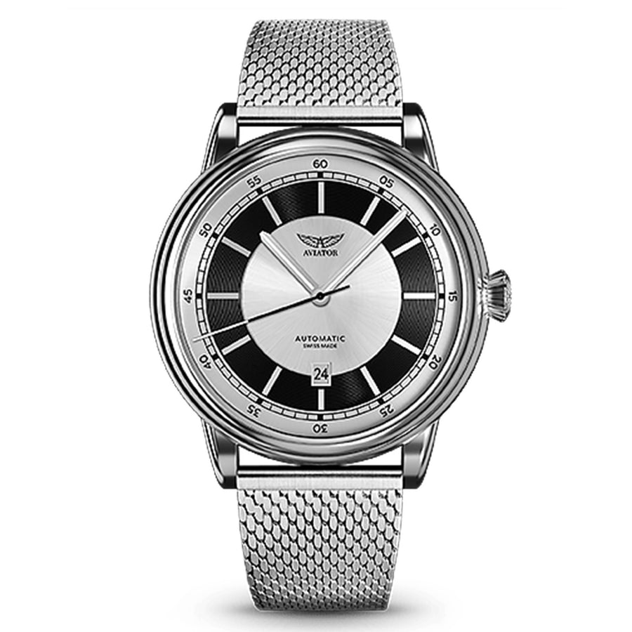 Aviator Steel Mesh Silver Dial Men's Automatic Swiss Made Watch - V33202475