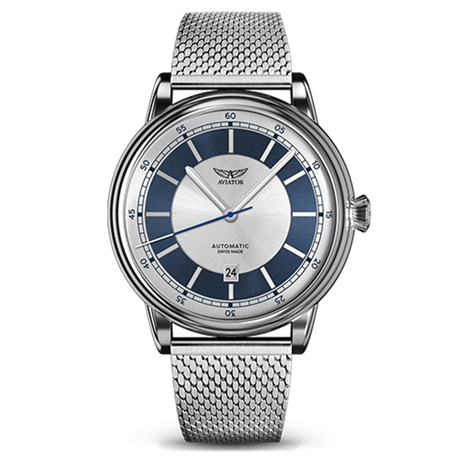 Aviator Silver Mesh Men's Automatic Swiss Made Watch - V33202735