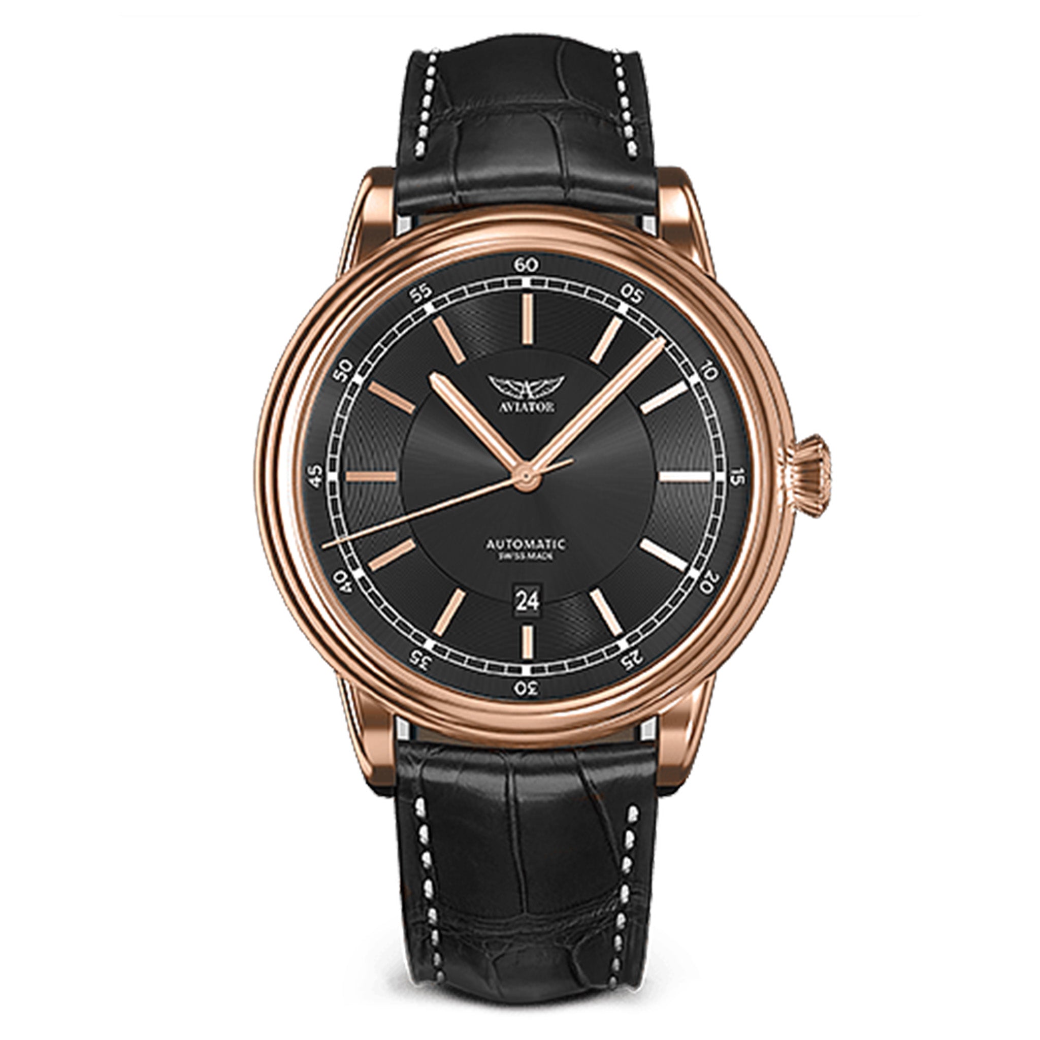 Aviator Black Leather Men's Swiss Made Watch - V33222424