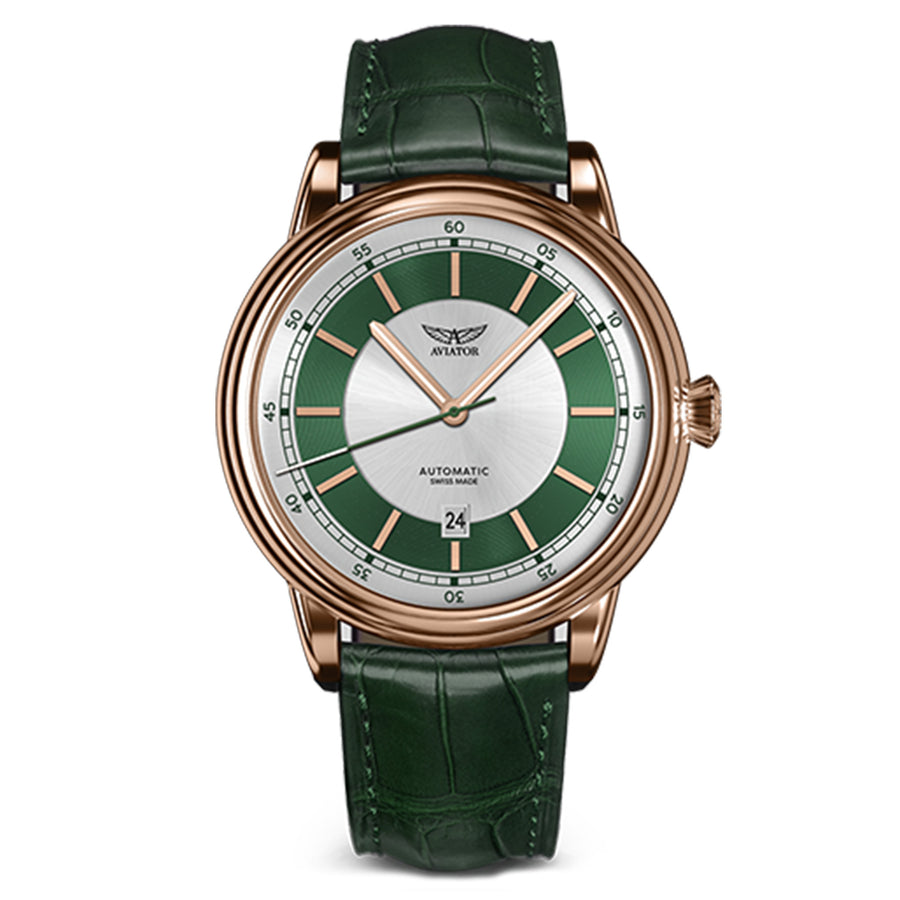 Aviator Green Leather Men's Automatic Swiss Made Watch - V33222714