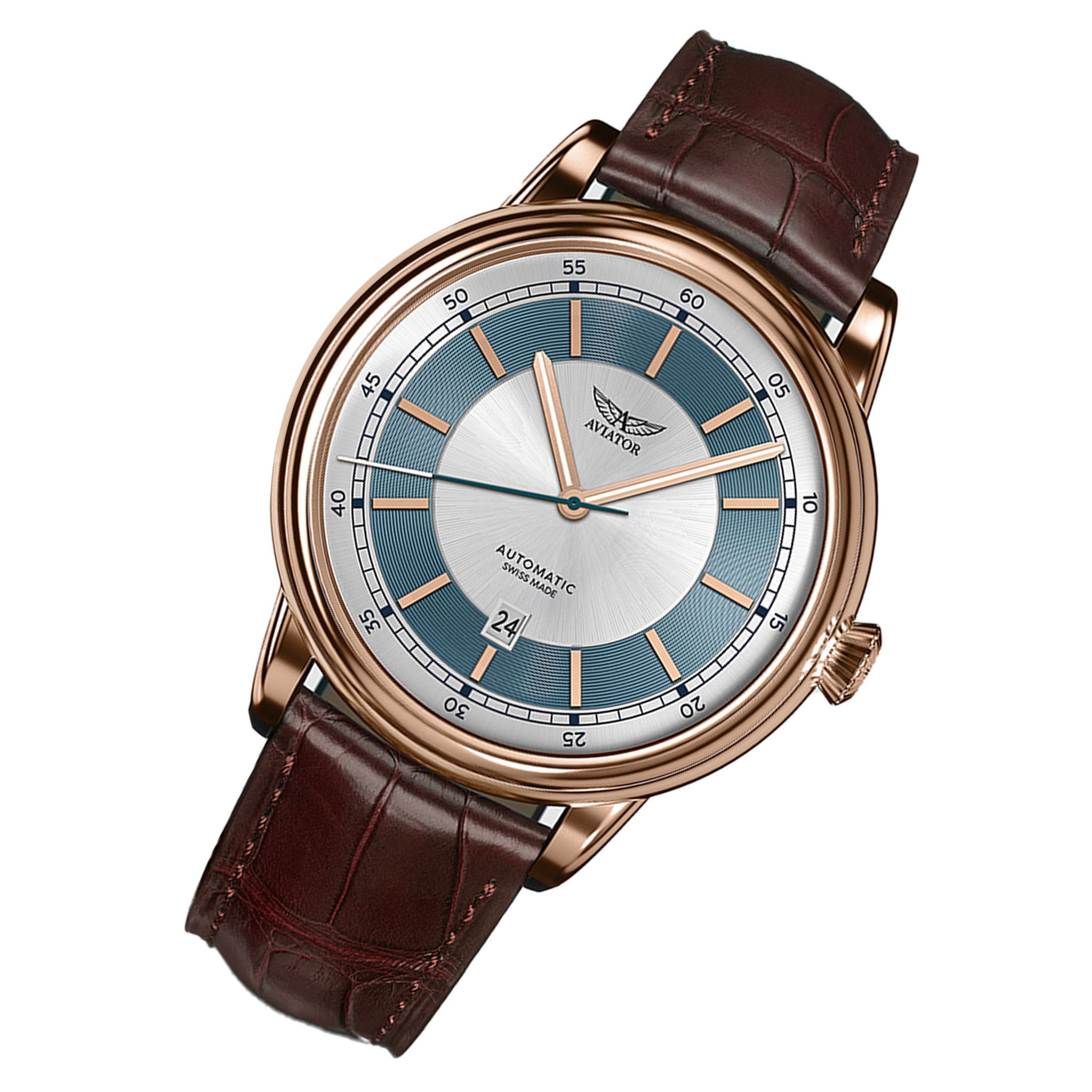 Aviator Brown Leather Silver Dial Swiss Made Men's Automatic Watch - V33222724