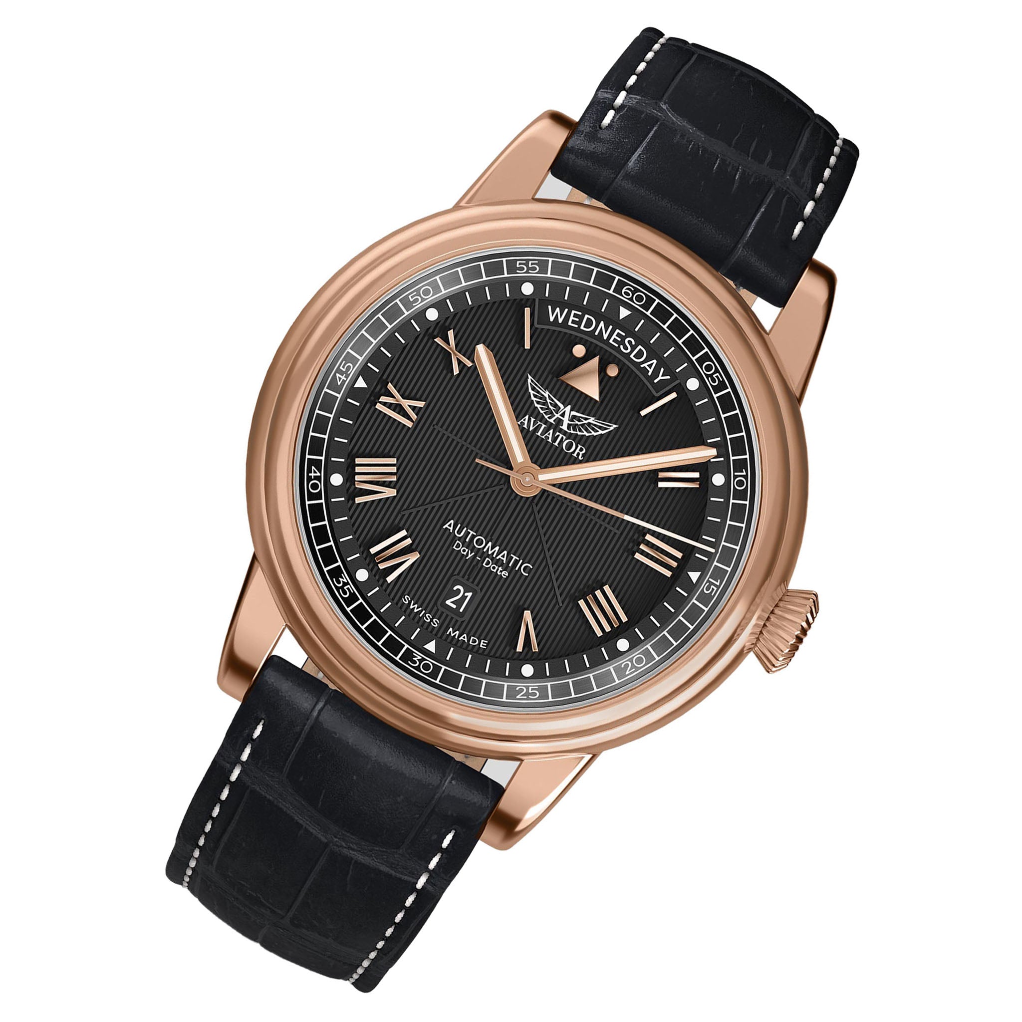 Aviator Black Leather Swiss Made Men's Automatic Watch - V33522754