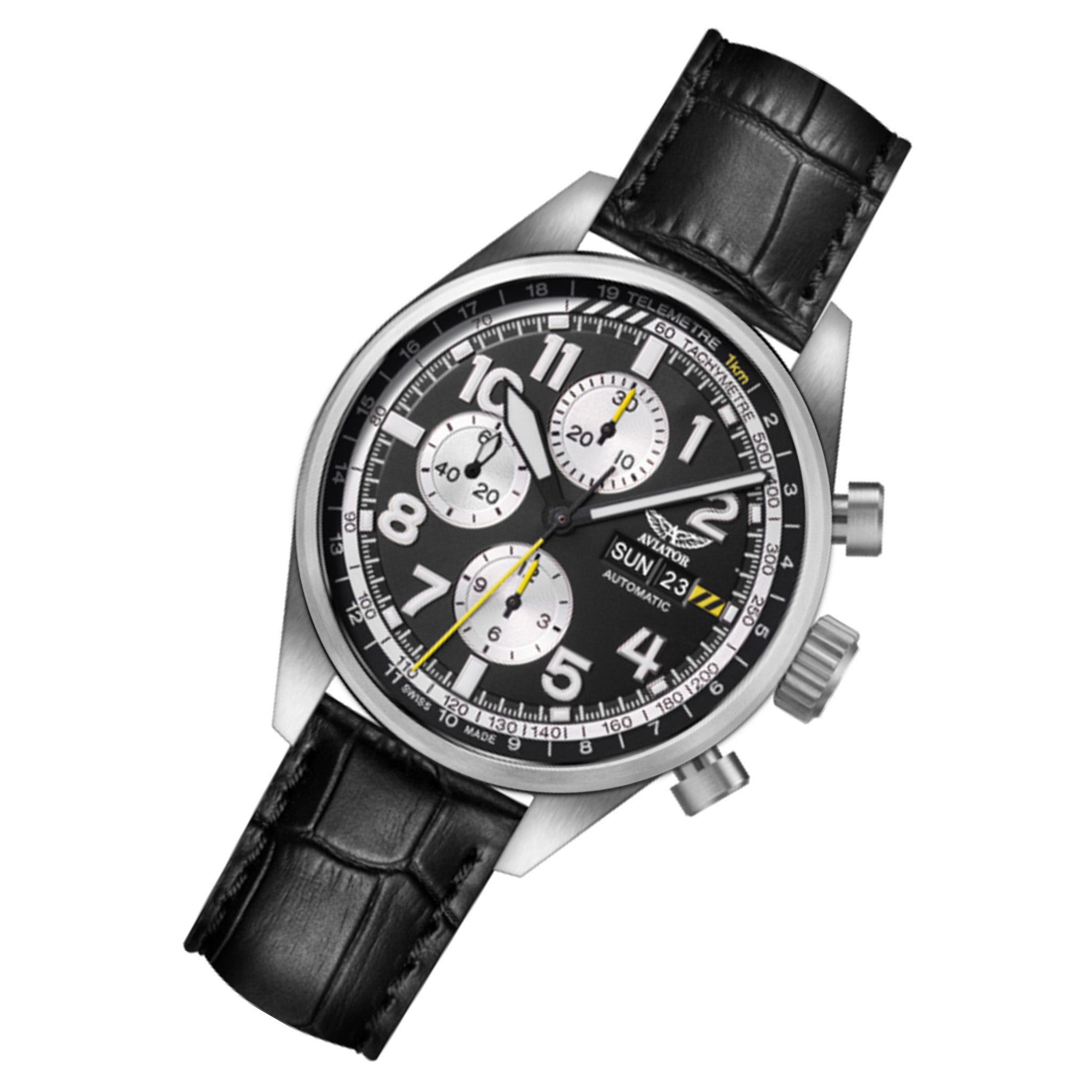 Aviator Black Leather Automatic Men's Swiss Made Watch - V42601754