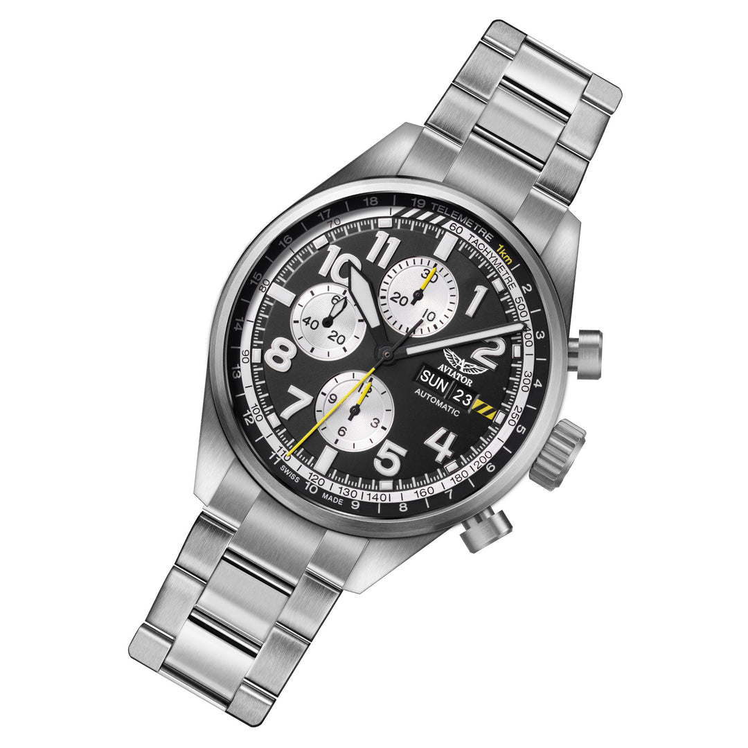 Aviator Silver Steel Black Dial Chronograph Men's Swiss Made Watch - V42601755