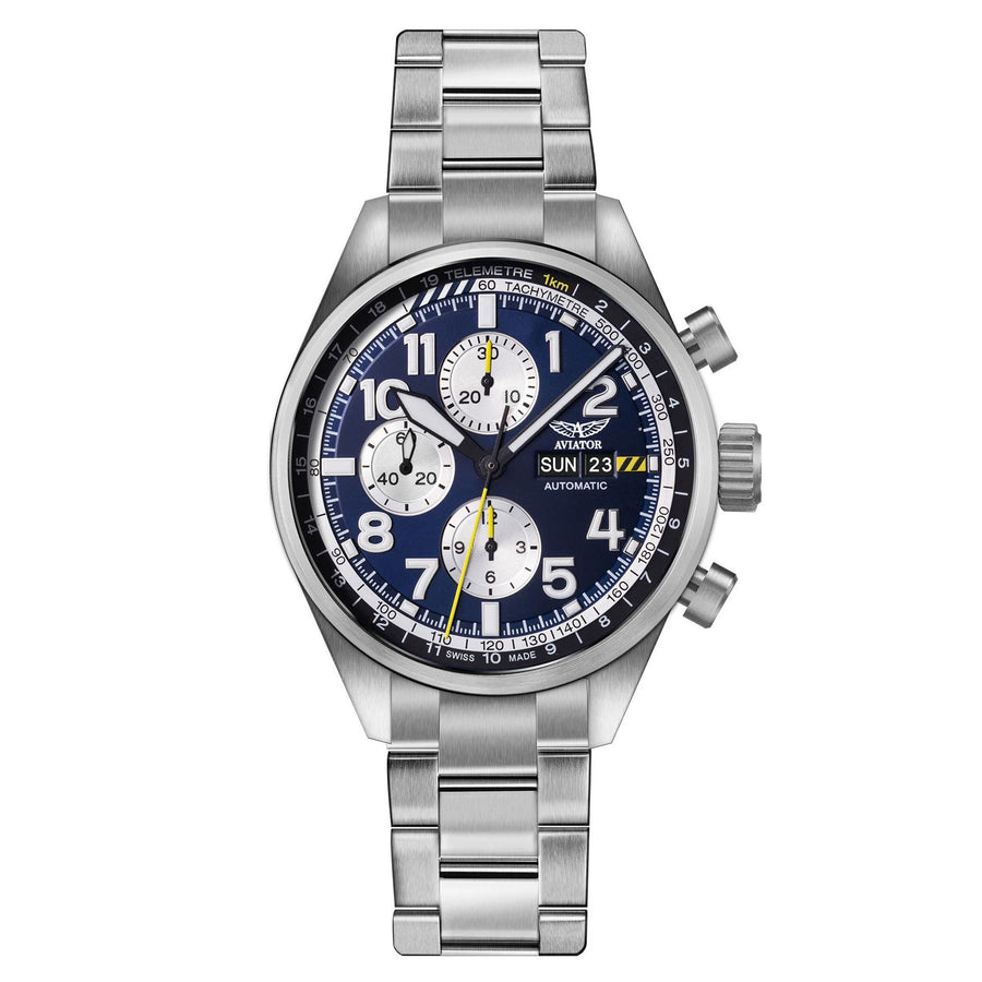 Aviator Silver Steel Blue Dial Chronograph Swiss Made Men's Automatic Watch - V42601785