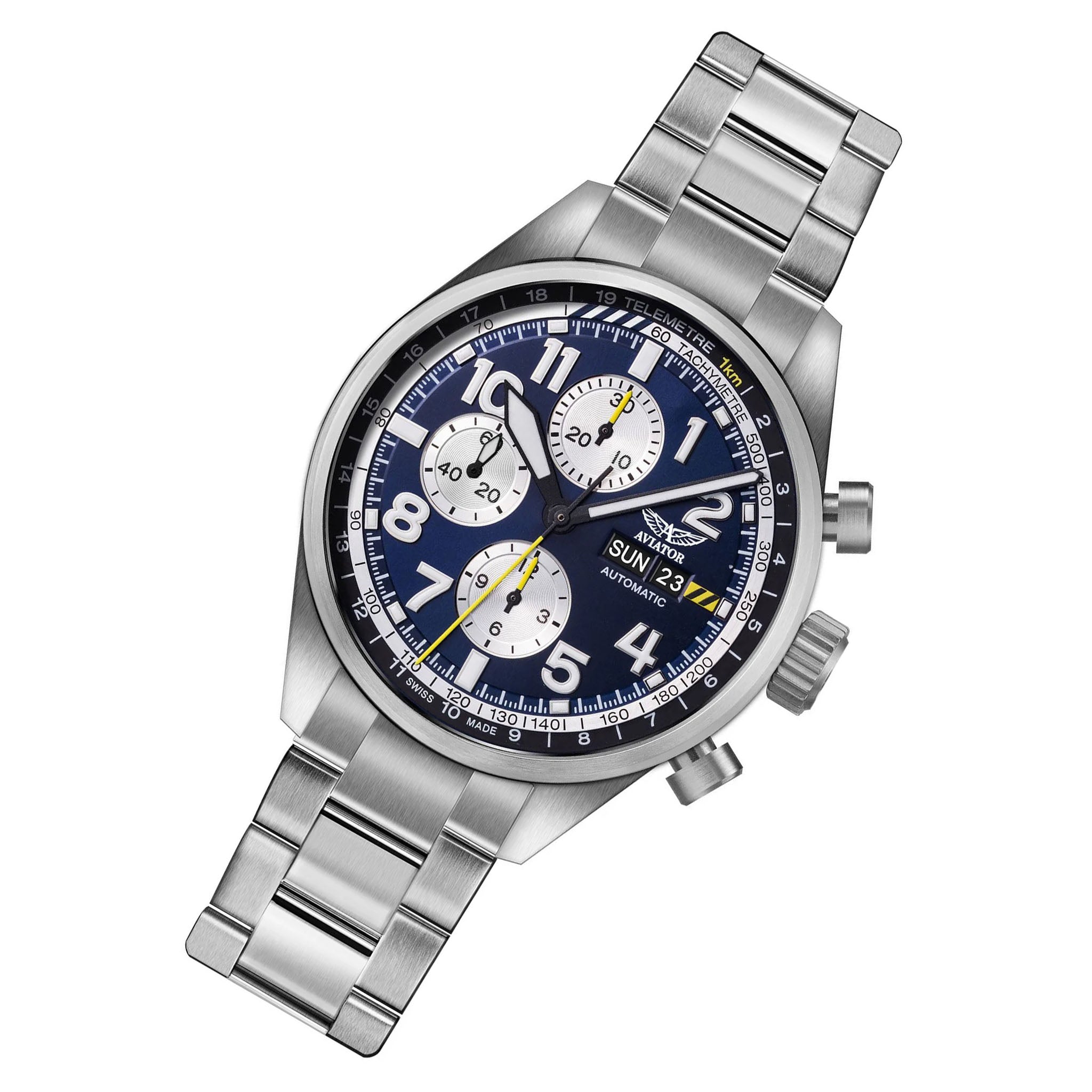Aviator Silver Steel Blue Dial Chronograph Swiss Made Men's Automatic Watch - V42601785