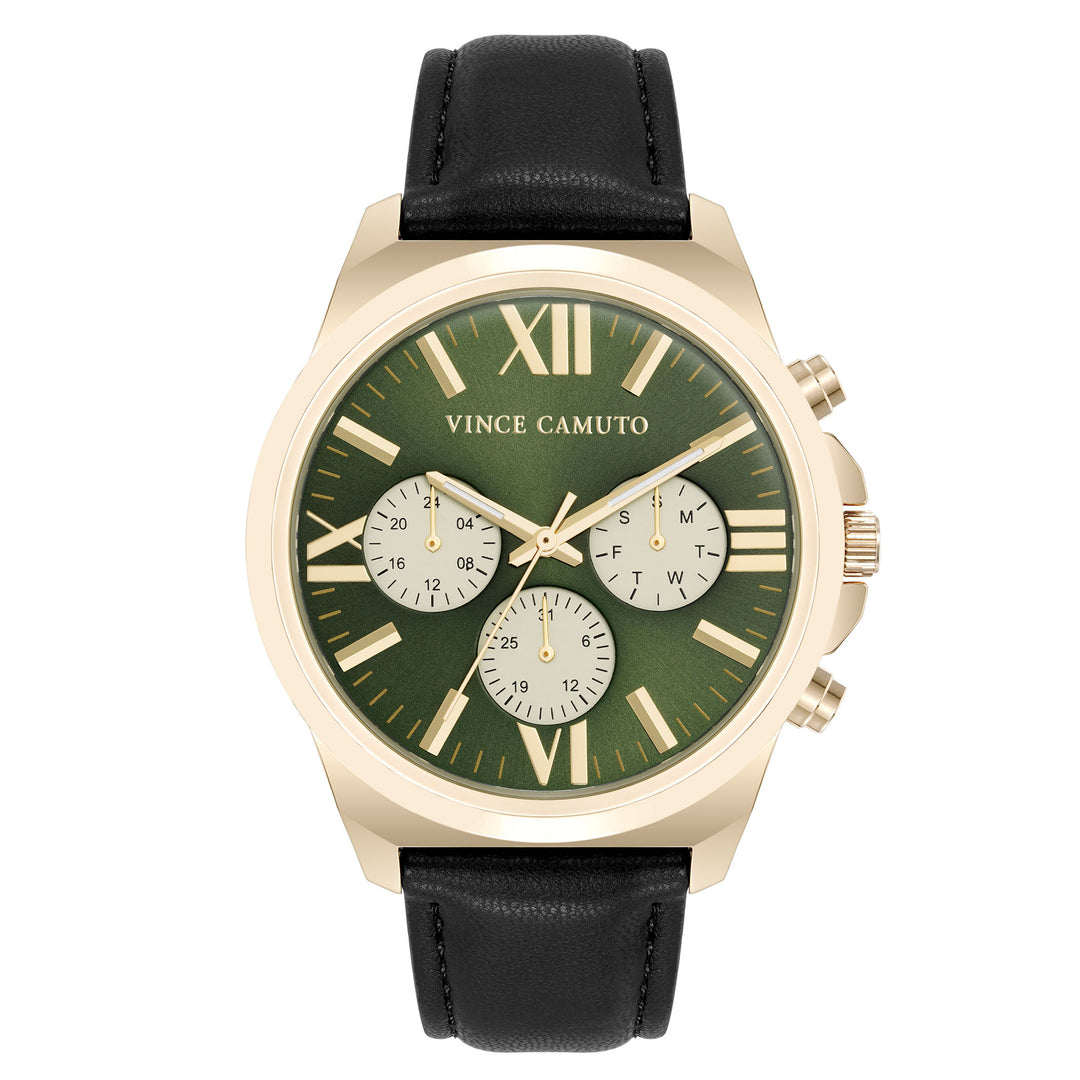 Vince Camuto Black Leather Green Dial Multi-Function Men's Watch - VC8034GPGRBK