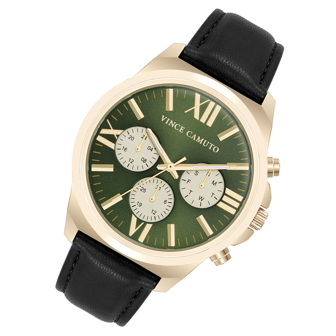 Vince Camuto Black Leather Green Dial Multi-Function Men's Watch - VC8034GPGRBK