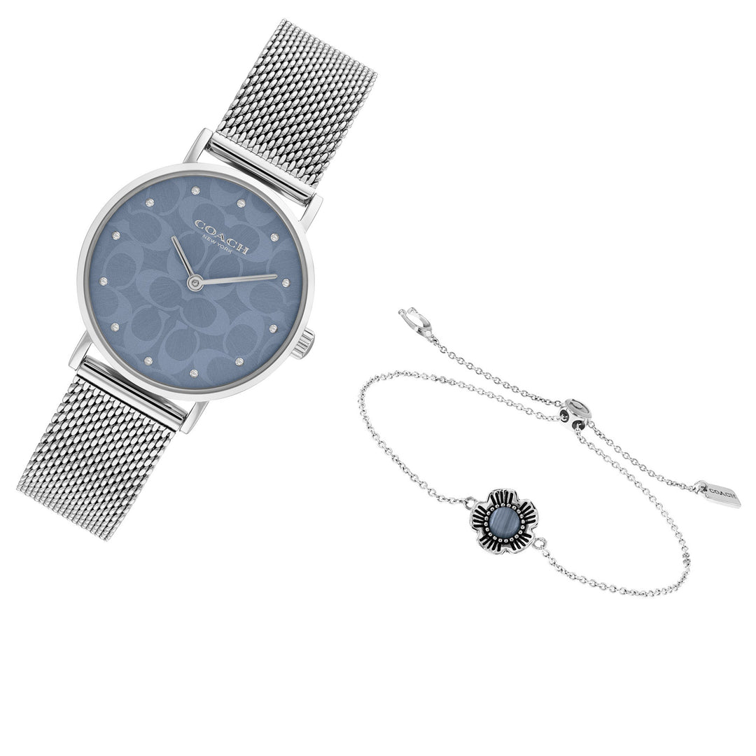 Coach Perry Silver Steel Mesh Blue Dial Women's Gift Set Watch - 14000082