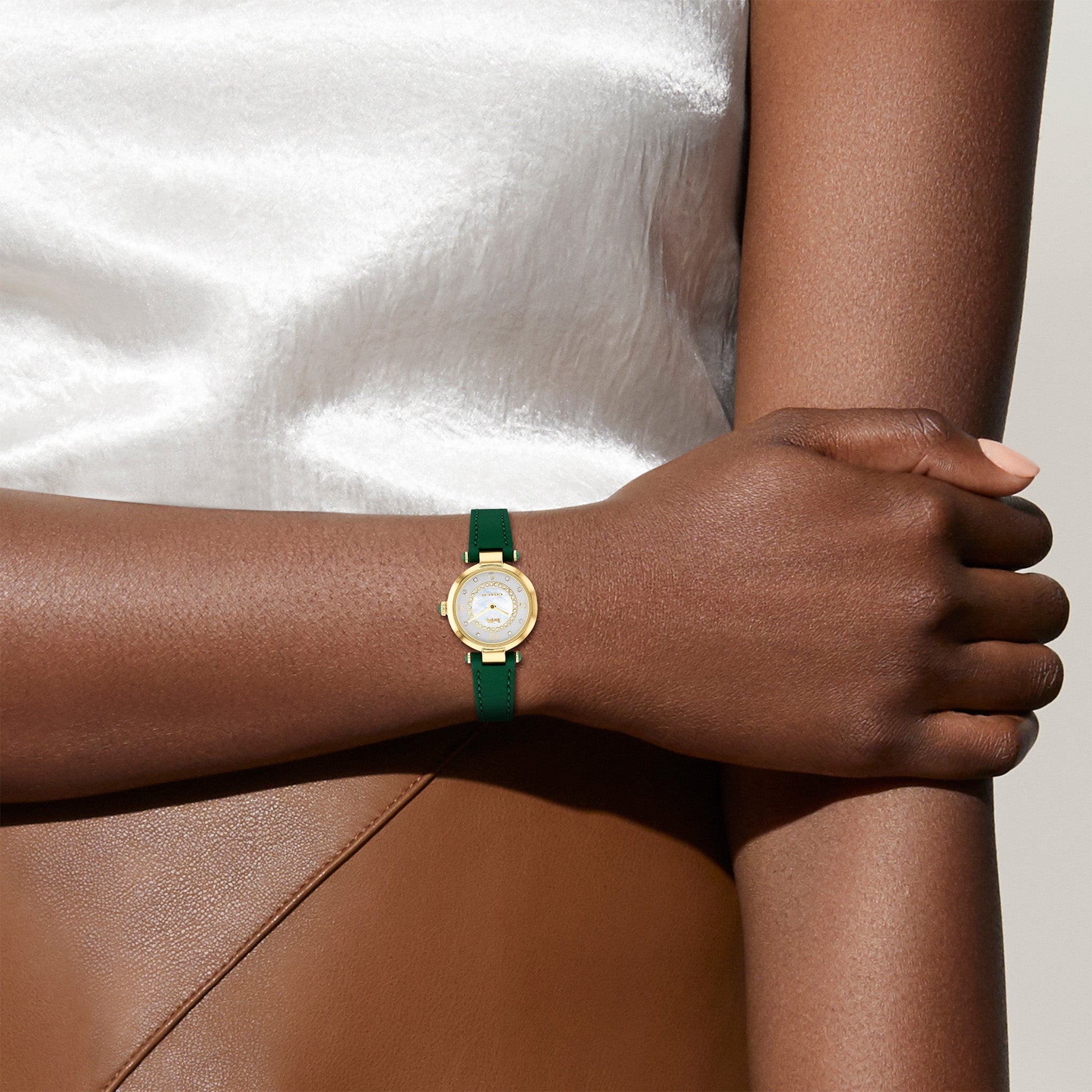 Coach Cary Green Leather Silver Mother of Pearl Dial Women's Watch - 14503894