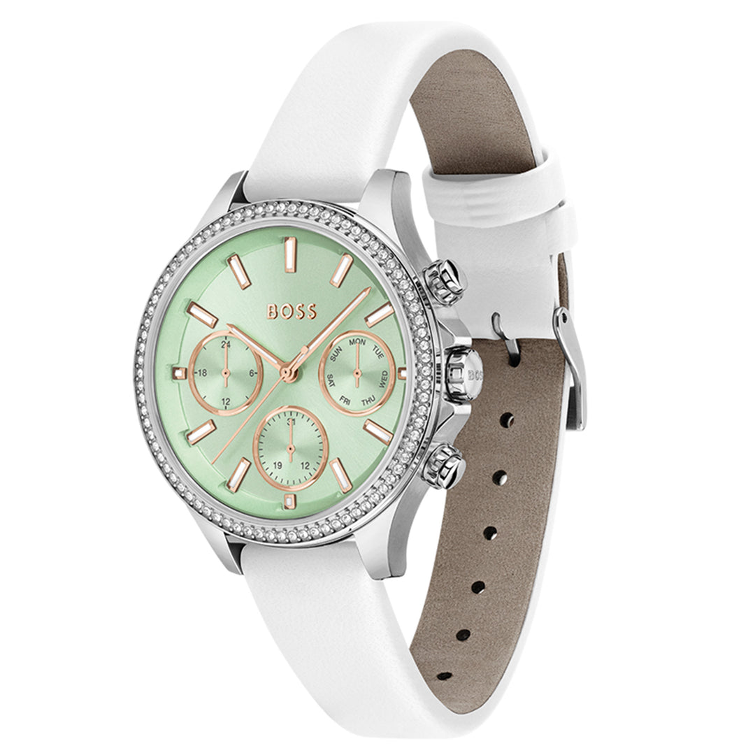 Hugo Boss White Leather Green Dial Women's Multi-function Watch - 1502629