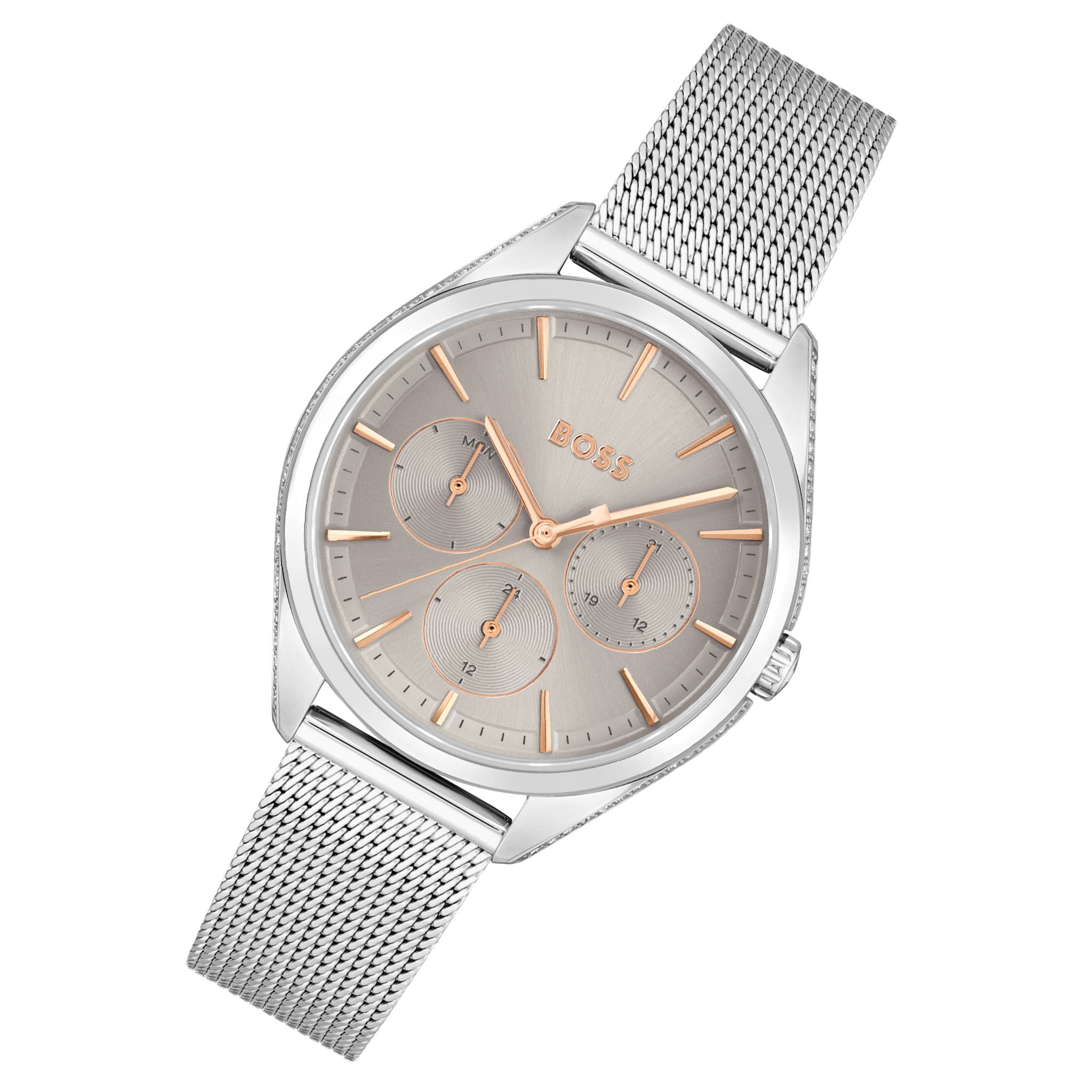 Hugo Boss Silver Mesh Beige Dial Women's Multi-function Watch - 1502638