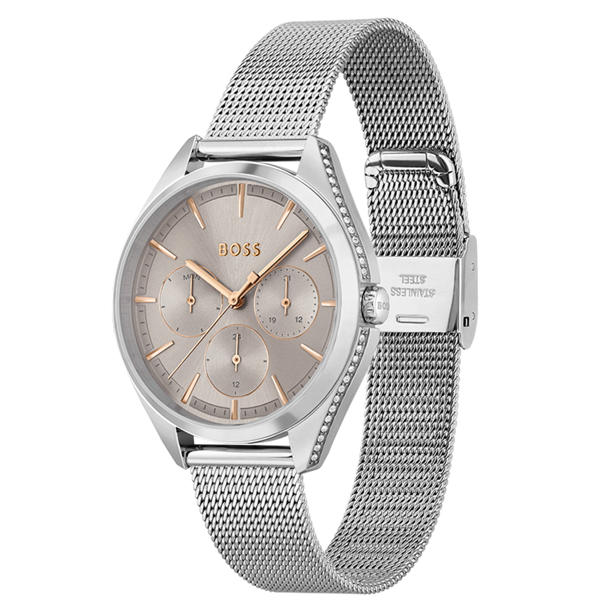 Hugo Boss Silver Mesh Beige Dial Women's Multi-function Watch - 1502638