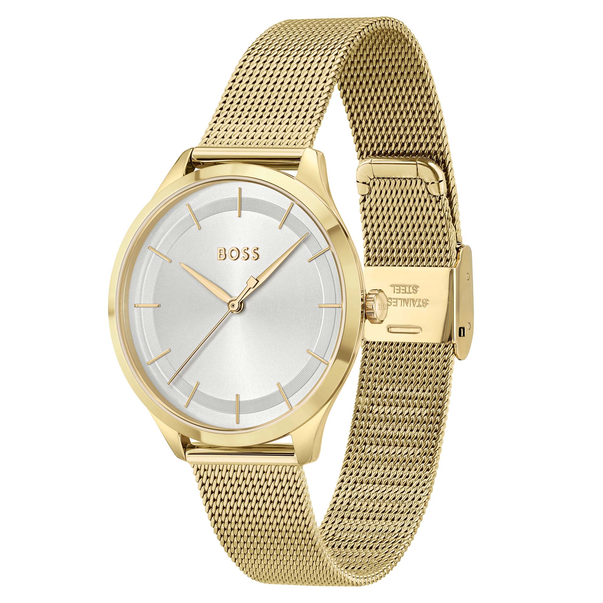Hugo Boss Gold Steel Mesh Silver White Dial Slim Women's Watch - 1502696
