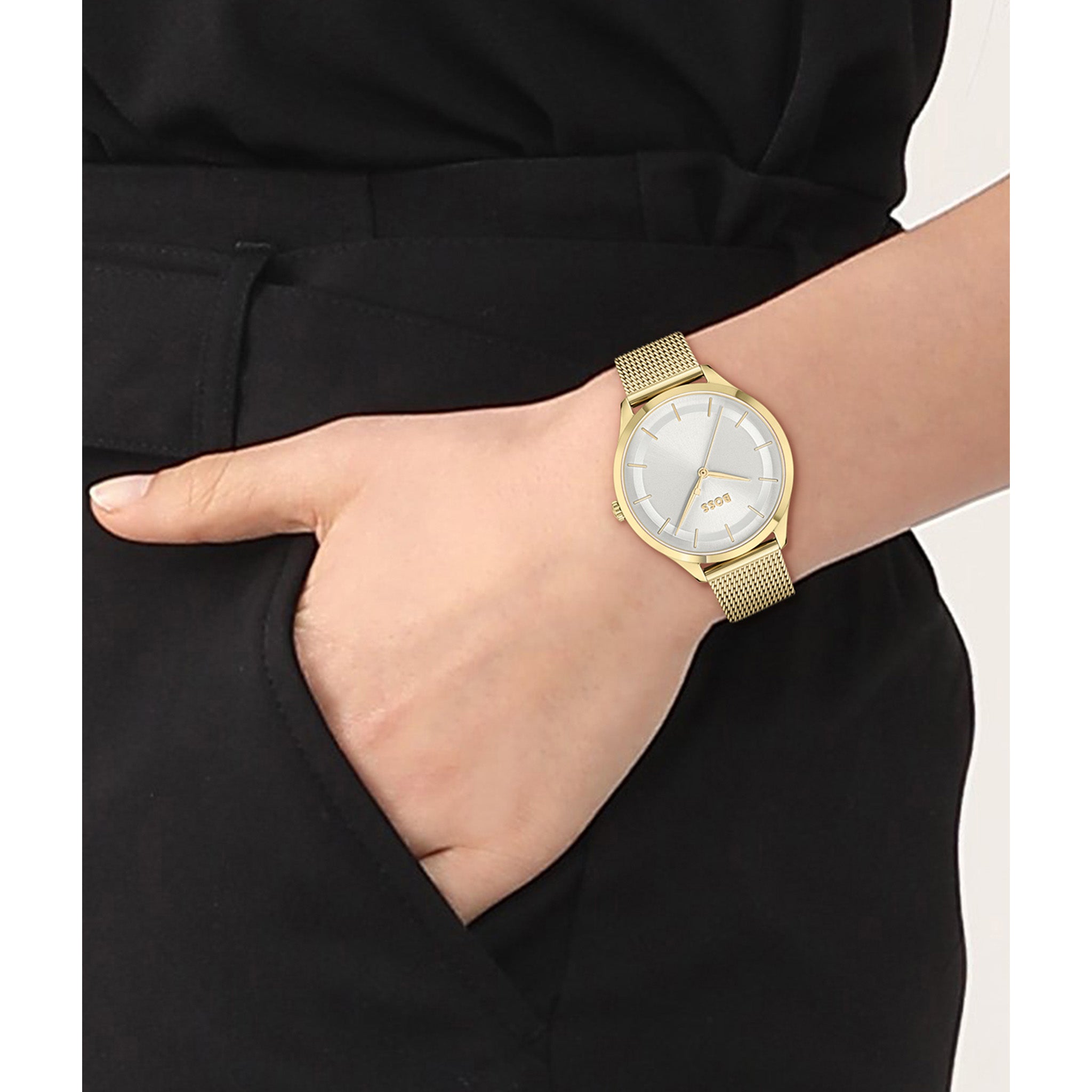 Hugo Boss Gold Steel Mesh Silver White Dial Slim Women's Watch - 1502696