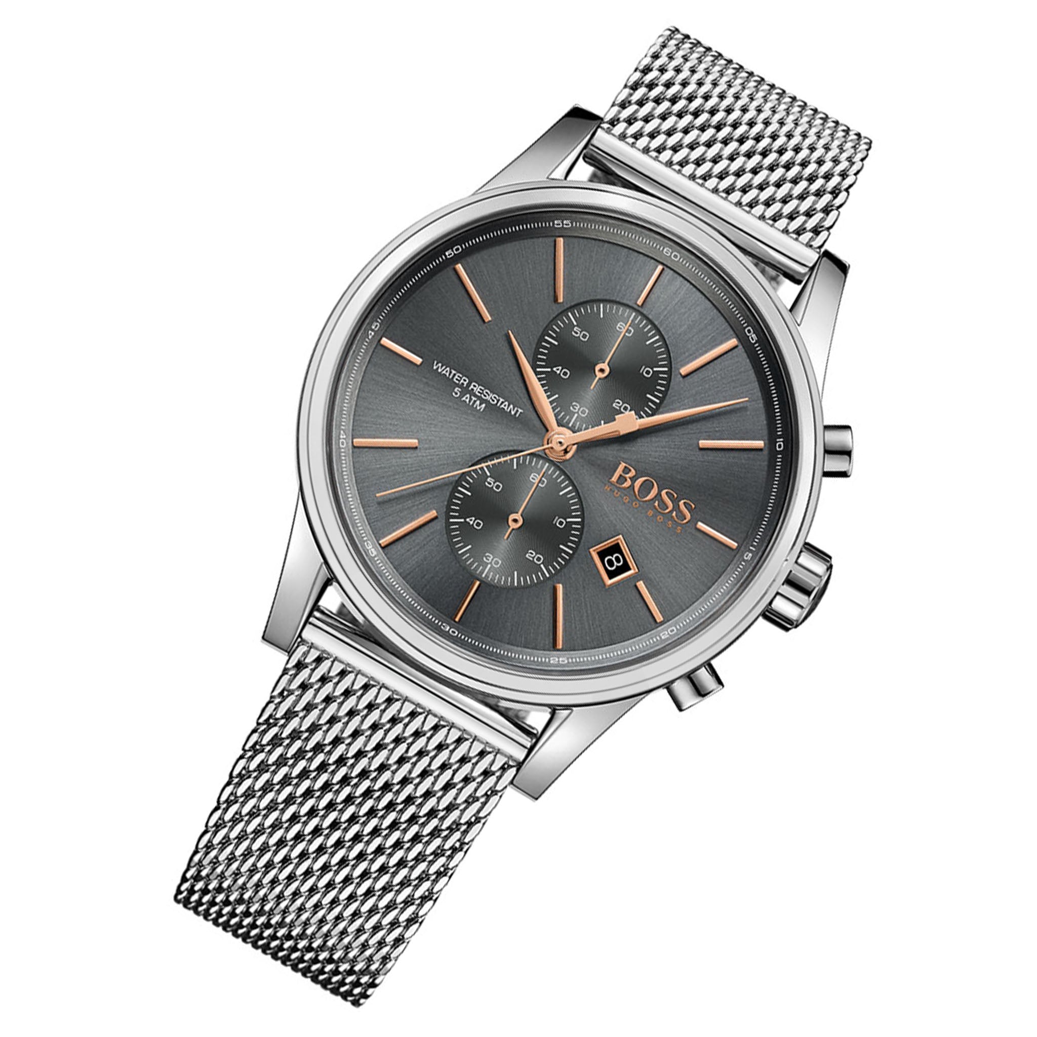 Hugo Boss Silver Steel Mesh Grey Dial Chronograph Men's Watch - 1513440