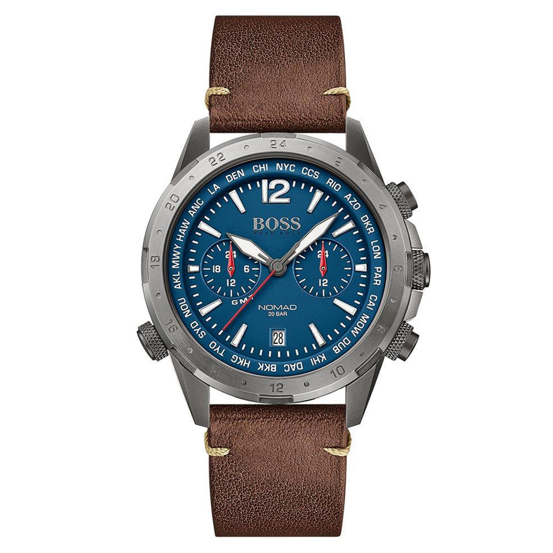 Hugo Boss Brown Leather Blue Dial Multi-function Men's Watch - 1513773
