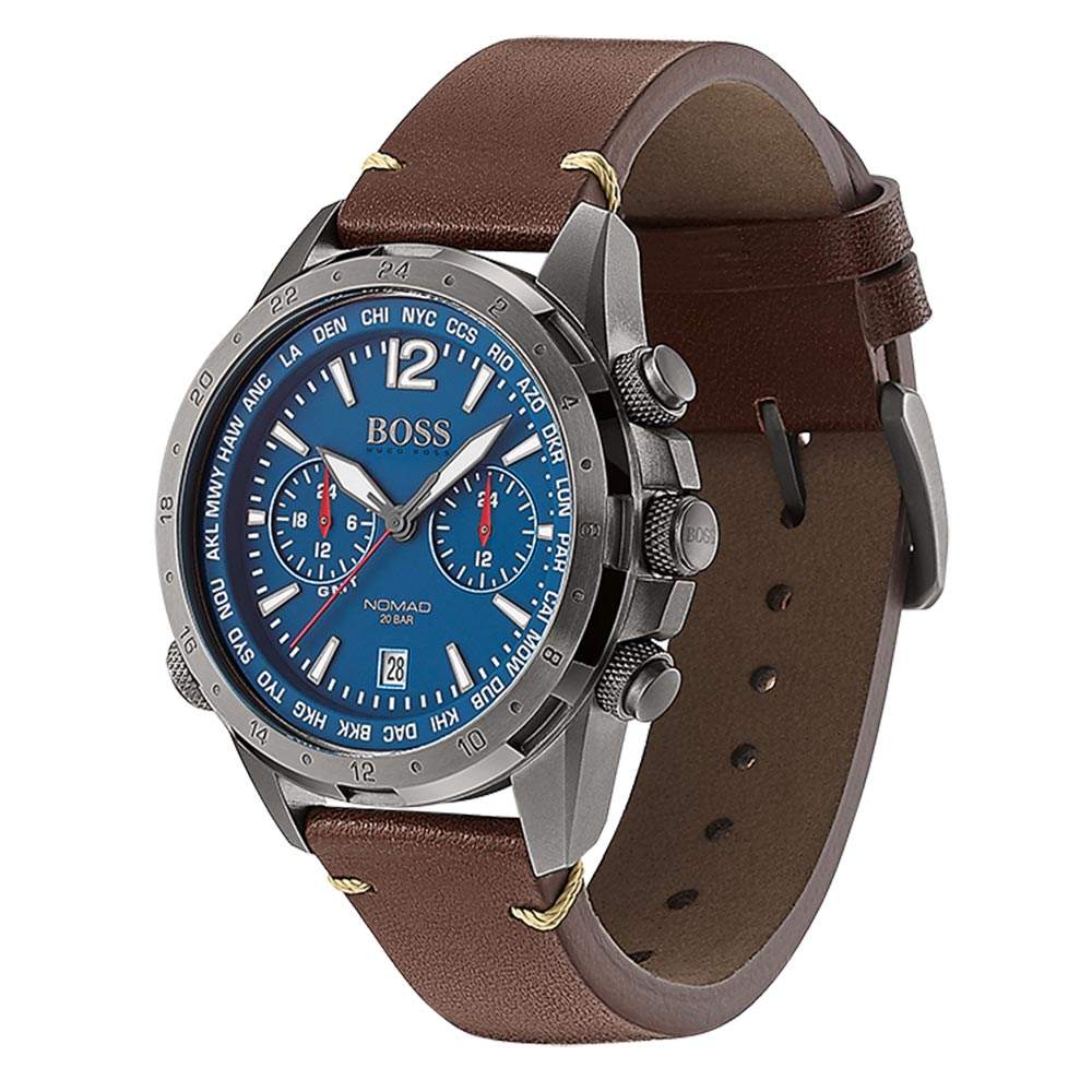 Hugo Boss Brown Leather Blue Dial Multi-function Men's Watch - 1513773