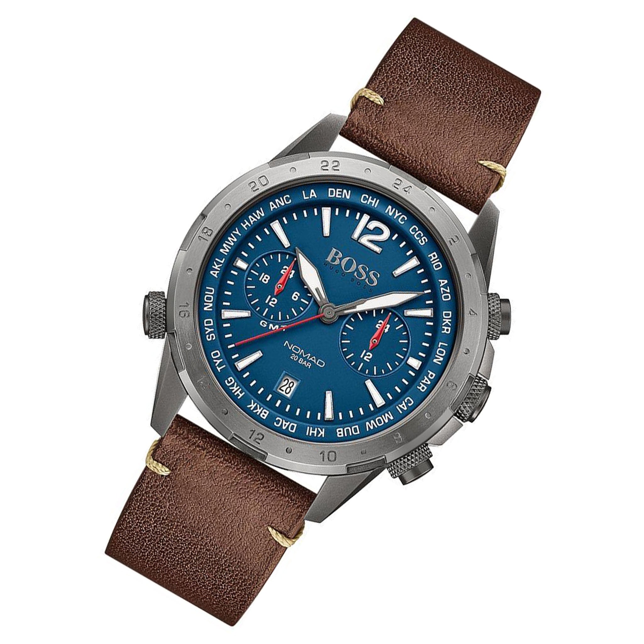 Hugo Boss Brown Leather Blue Dial Multi-function Men's Watch - 1513773