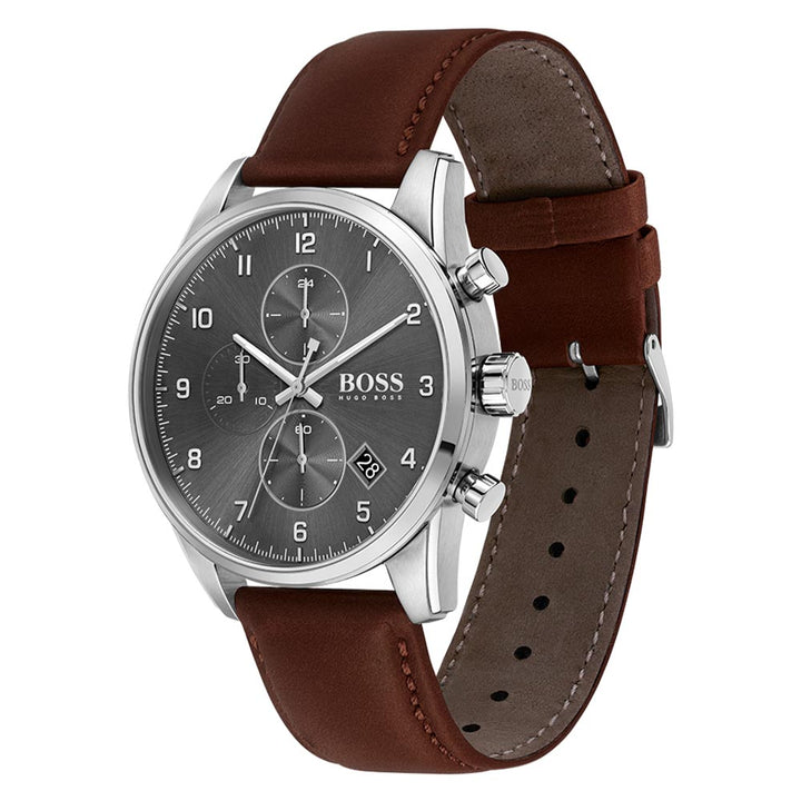 Hugo Boss Brown Leather Grey Dial Chronograph Men's Watch - 1513787
