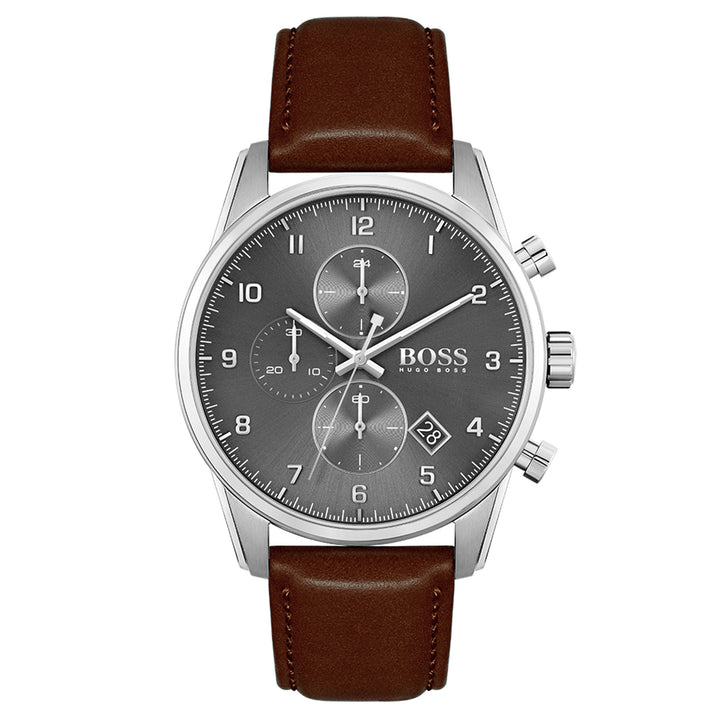 Hugo Boss Brown Leather Grey Dial Chronograph Men's Watch - 1513787