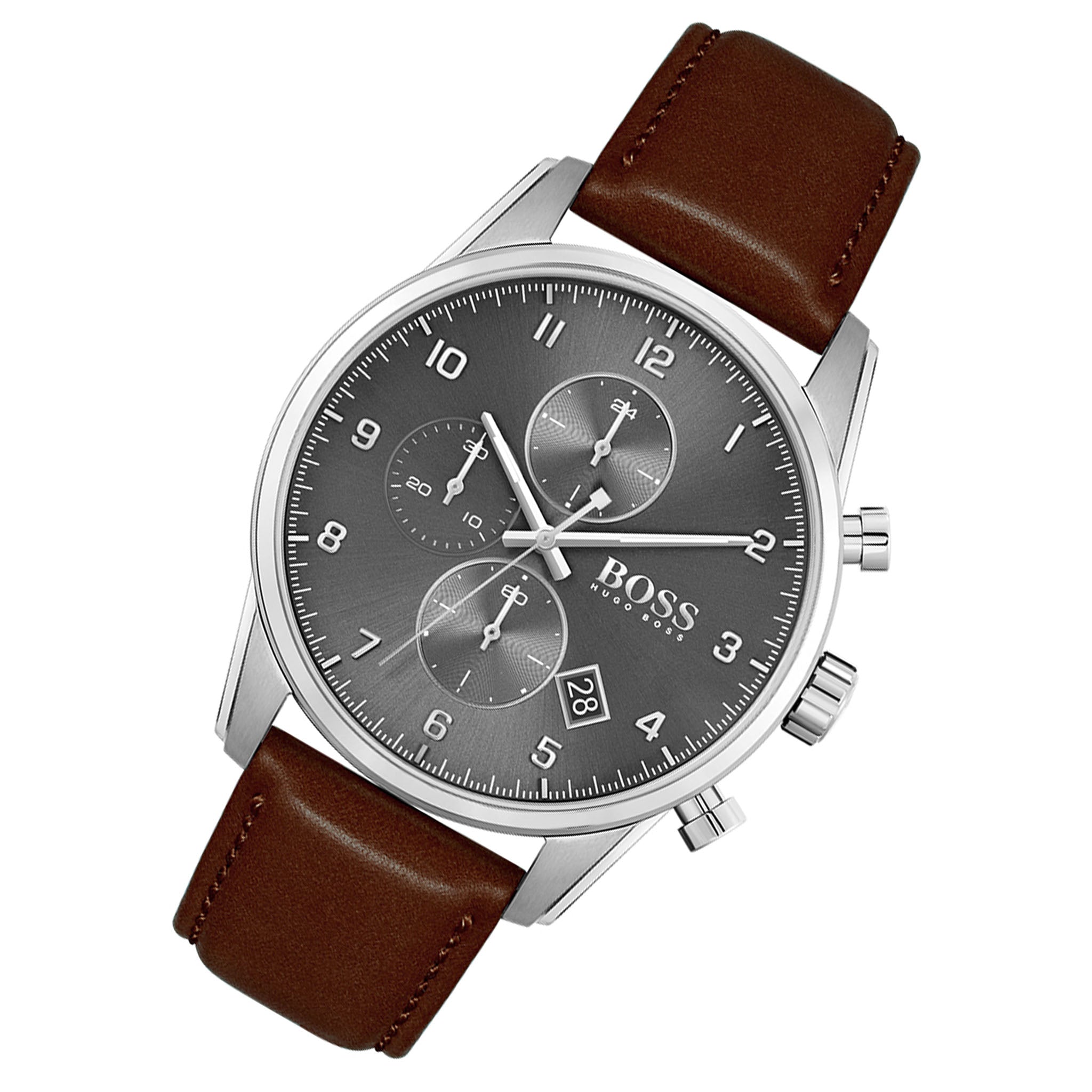 Hugo Boss Brown Leather Grey Dial Chronograph Men's Watch - 1513787