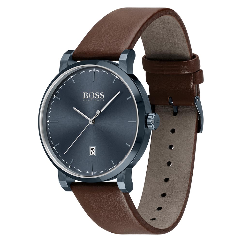 Hugo Boss Brown Leather Dark Blue Dial Men's Watch - 1513791