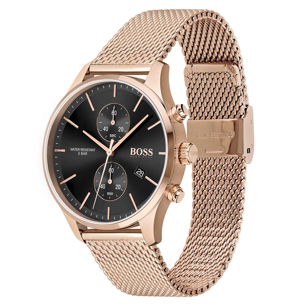 Hugo Boss Carnation Gold Steel Mesh Black Dial Chronograph Men's Watch - 1513806