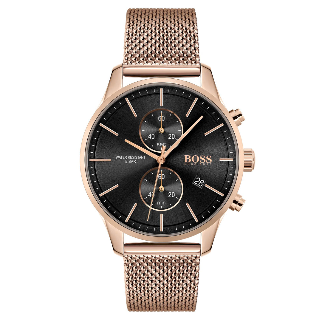Hugo Boss Carnation Gold Steel Mesh Black Dial Chronograph Men's Watch - 1513806