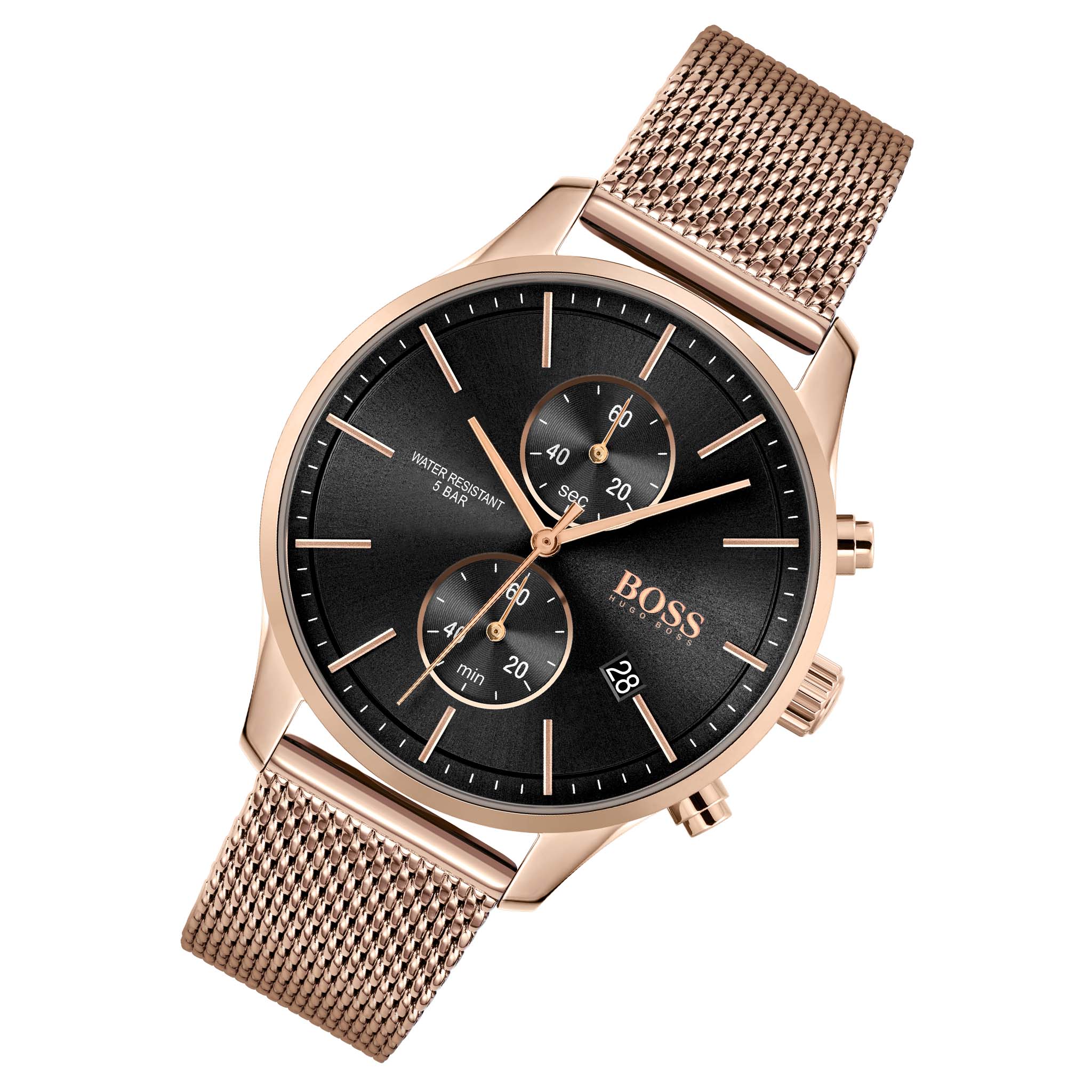 Hugo Boss Carnation Gold Steel Mesh Black Dial Chronograph Men's Watch - 1513806
