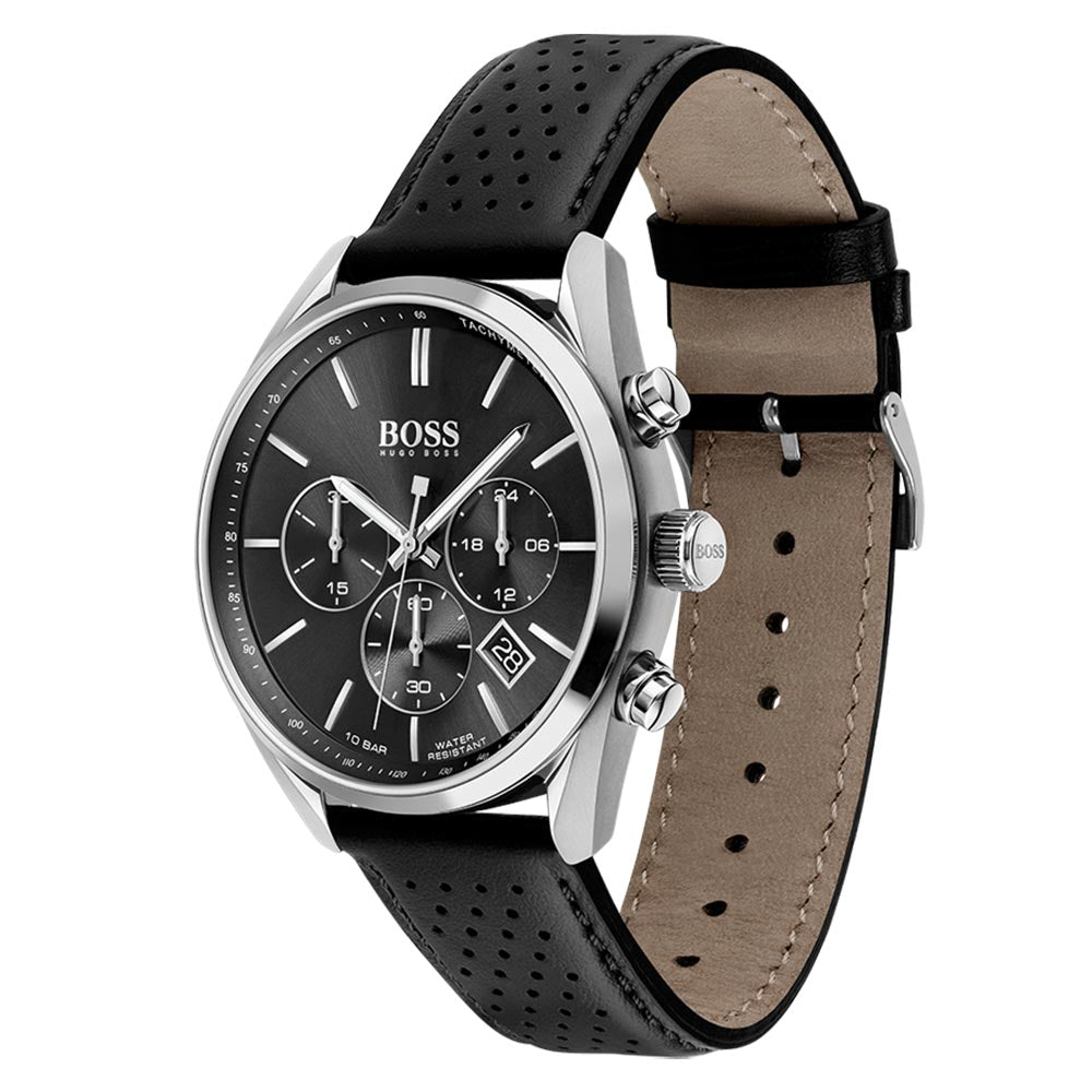 Hugo Boss Champion Black Leather Men's Chrono Watch - 1513816