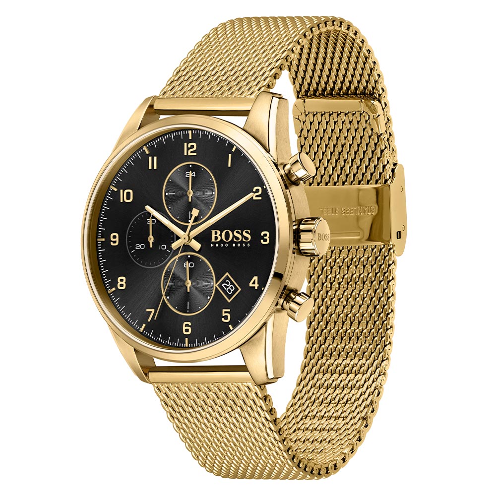 Hugo Boss Gold Steel Mesh Black Dial Chronograph Men's Watch - 1513838