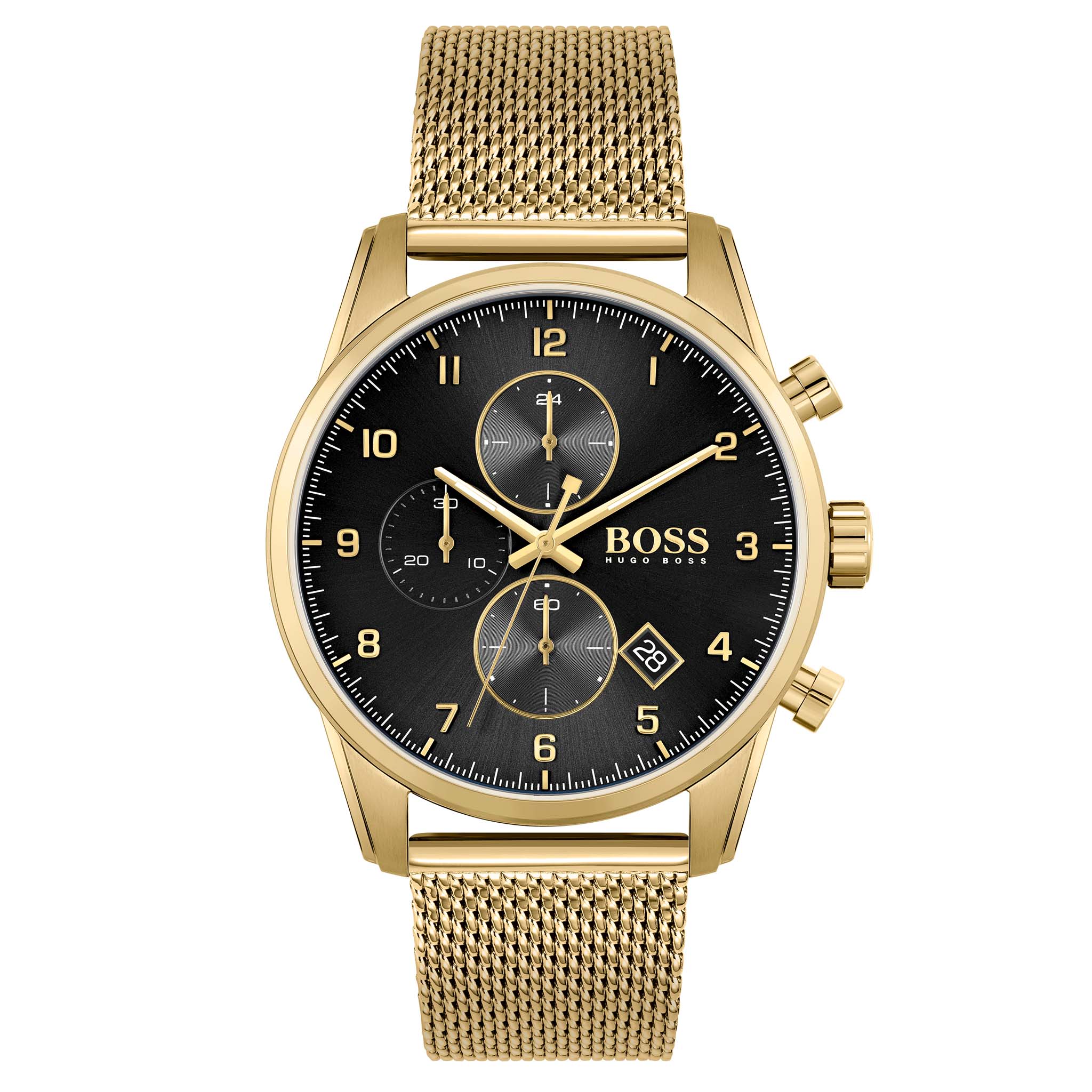 Hugo Boss Gold Steel Mesh Black Dial Chronograph Men's Watch - 1513838